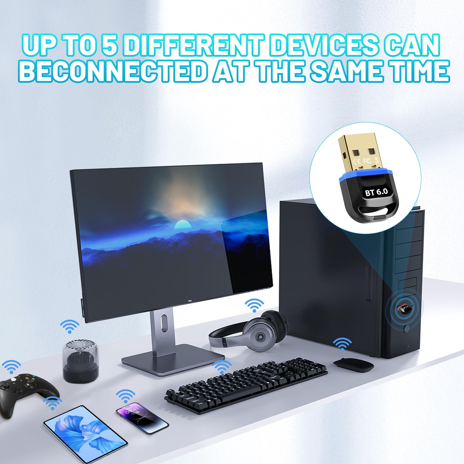 Adattatore Bluetooth 6.0 per PC, adattatore USB Bluetooth per desktop, laptop, PC, auricolari, tastiera, mouse, Bluatooth stereo, con Windows 11/10/8.1