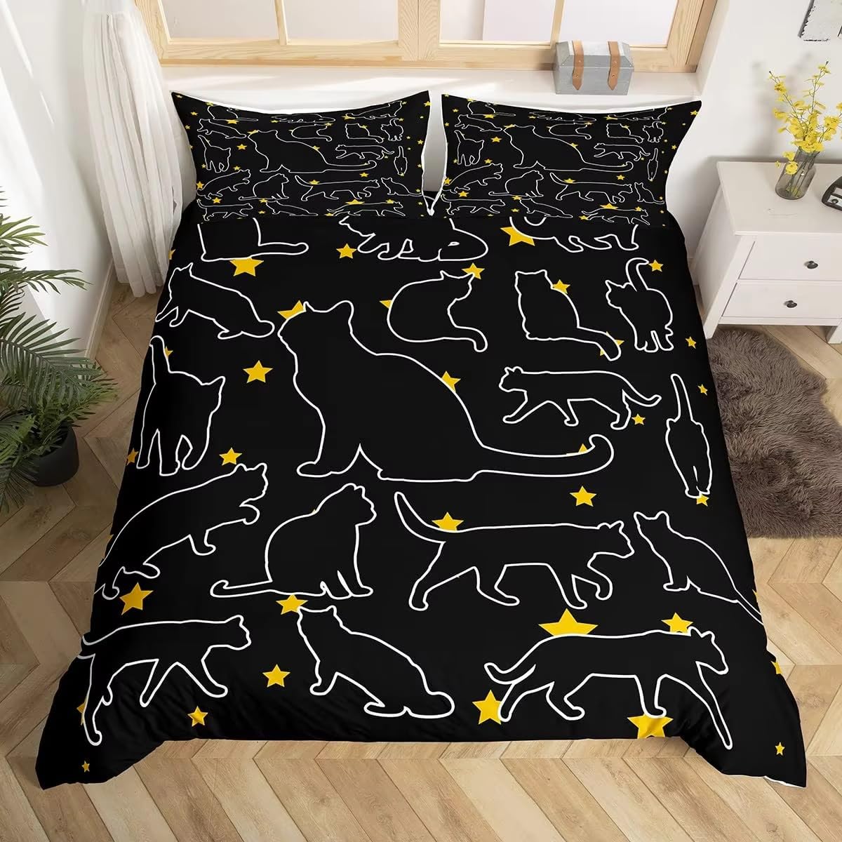 Housse de couette 220x240 chat noir en microfibre douce premium