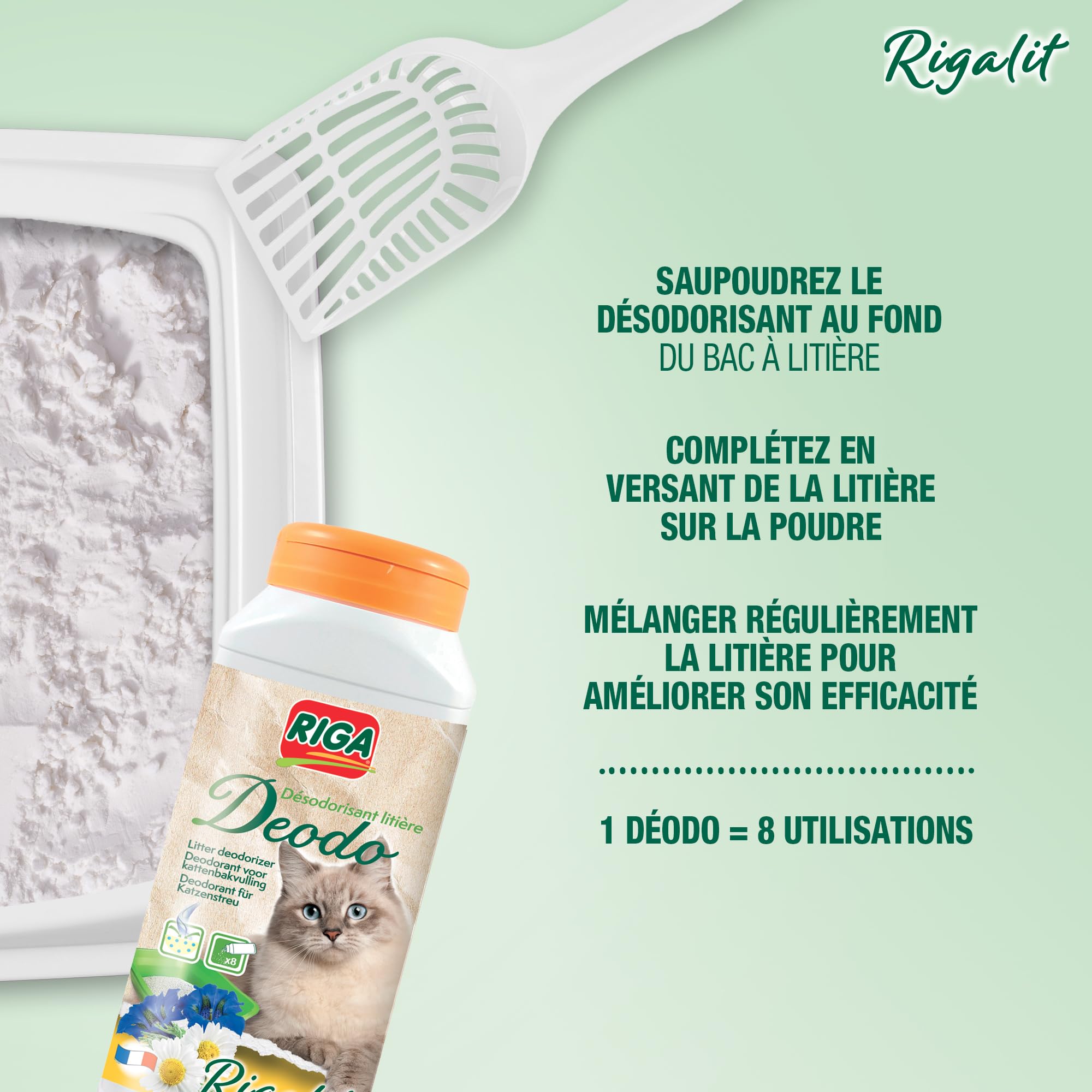 RIGA - Rigalit Déodo - Désodorisant Litière Chat - Parfum Floral - Neutralise Odeurs Et Bactéries - Prolonge Durée De La Litière - Rafraichit L'Atmosphère - 750g