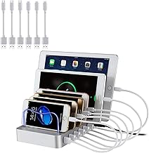 PRITEK 6-Port USB Charger Station with 6 Short USB Cables - Multi Device Desktop Charger for Cellphone, Tablet, Earphones, MP3, MP4 & More (Silver)