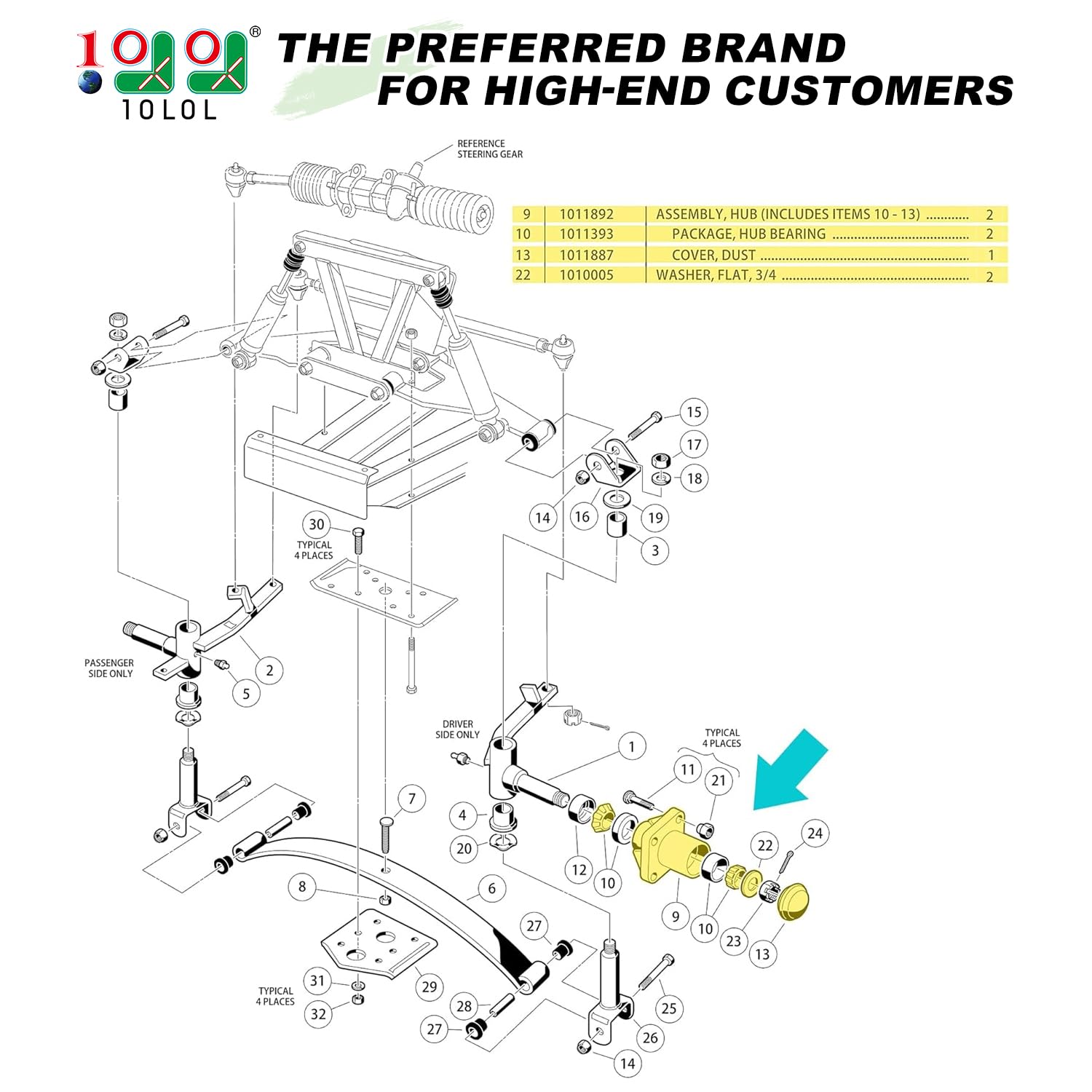 10L0L 2 Pack Front Wheel Hub Assembly for Club Car DS Golf Cart 1974-2003, Replace OEM 1011892, 11011102, 1011153, 1011889, 1011894