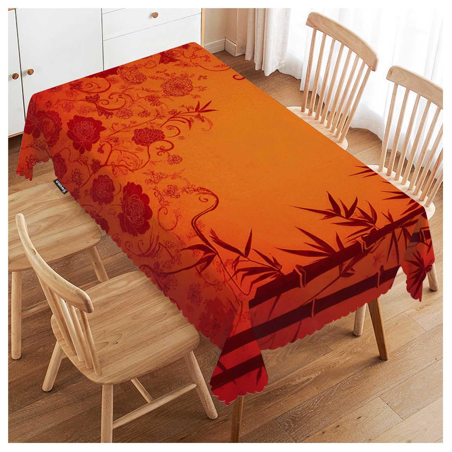 FJQWKLF Bamboo Tablecloths Traditional Red Gold Floral Bamboo Kitchen Dinning Tabletop Decoration, Polyester Table Cover for Indoor Outdoor 50x72 Inch Tablecloth