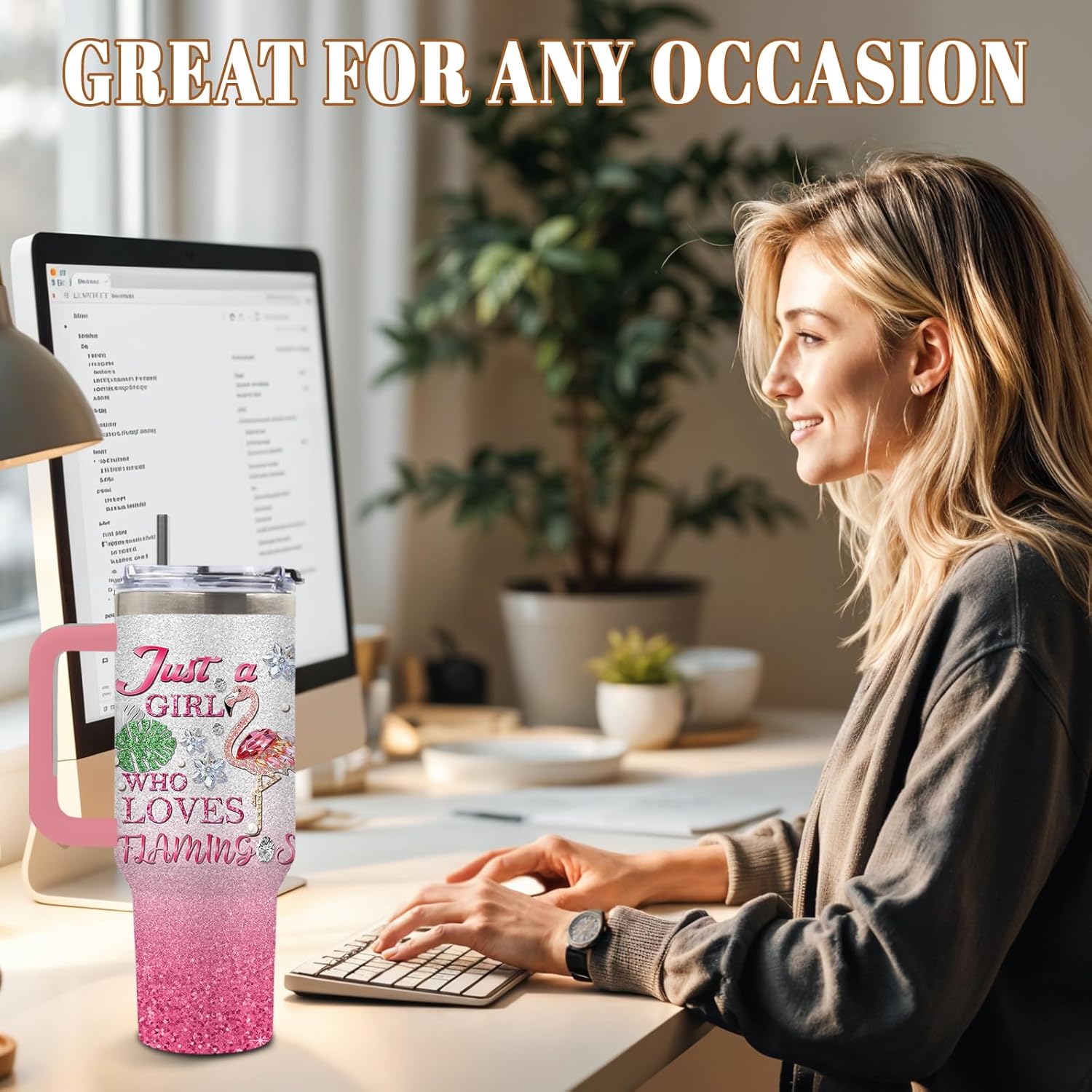 DUUV Flamingo Gifts for Women, Jewelry Drawings Tumbler for Girls, Pink Flamingo Decor, Christmas Thanksgiving Birthday Gifts for Flamingo Lovers, 40 Oz Tumbler with Handle, 1PCS - Image 7