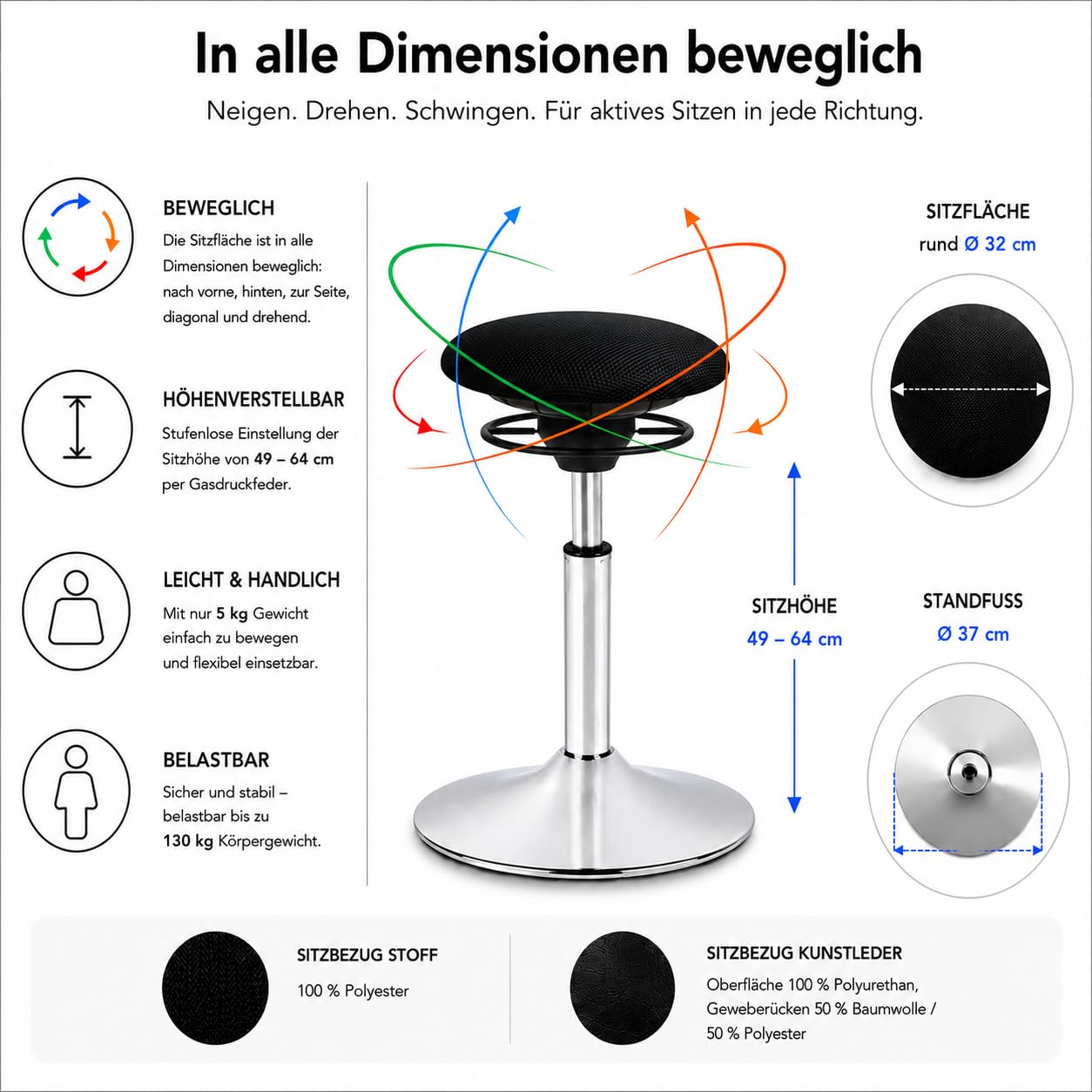 BALIMO Classic Bewegungshocker - Sitztrainer - Hocker für bewegliches Sitzen