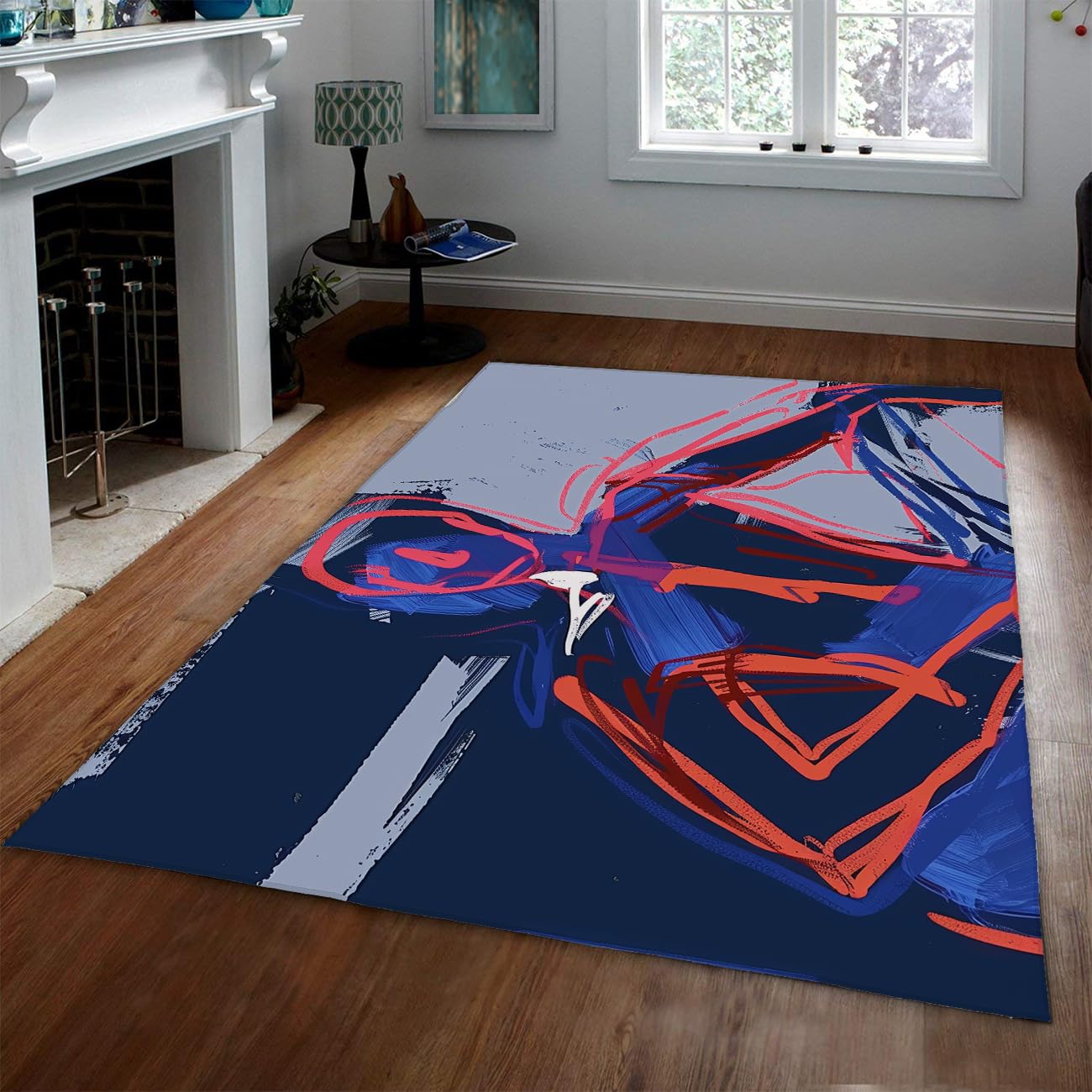 Tapis abstrait bleu marine et corail pour un salon moderne et chaleureux