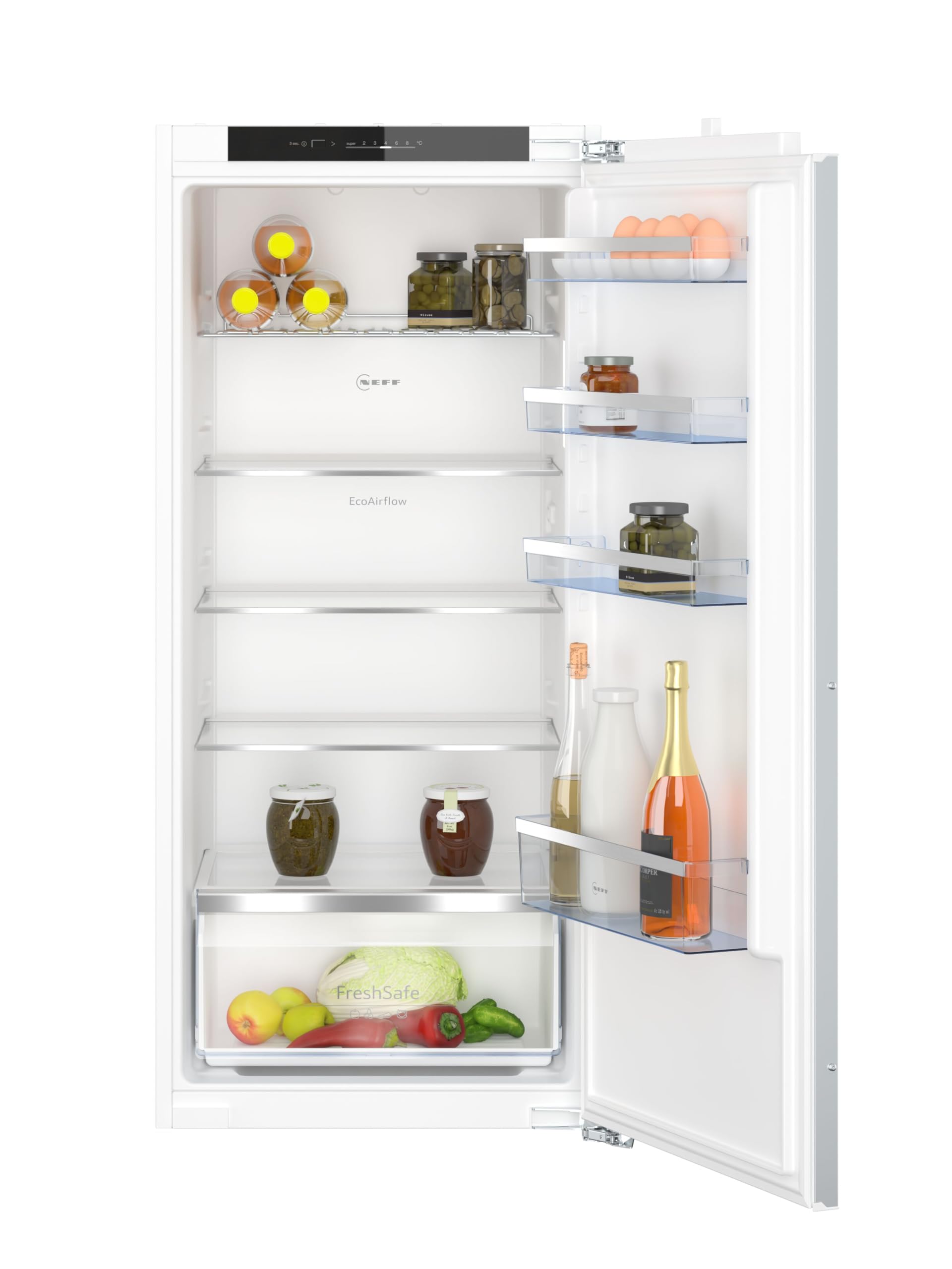 NEFF KI1412FE0, N 50, Einbaukühlschrank, 122,5x56 cm, Kühlen 204 l, 35dB, LED Beleuchtung, Sicherheitsglas, Flachscharnier, 1 Fresh Safe Schublade, Made in Germany | Made in Germany, 204 L Kapazität, Fresh Safe Schublade hält Gemüse frisch, gleichmäßige K