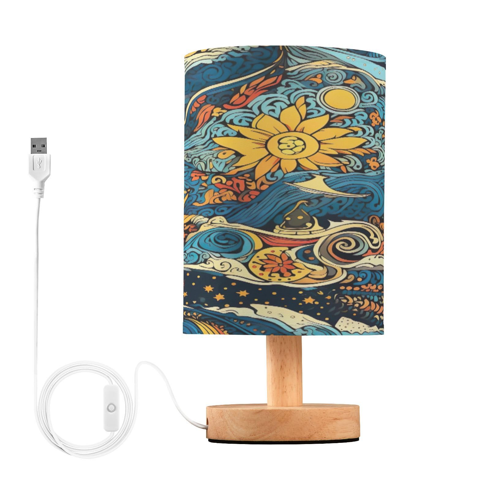 SDMKA Oriental Painting Bedside Table Lamp for Bedroom, Minimalist Nightstand Lamp with Round Fabric Shade for Living Room, Office, No Bulb Required