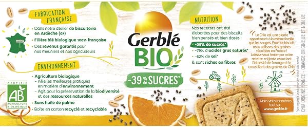 GERBLÉ ORGANIC - Orange Chia Seed Shortbread - Fruity Crunchy Cookies - Reduced to Sugars - Palm Oil Free - Nutri-Score A - 4 Individual Sachets - 12 Shortbread - 132g - 4