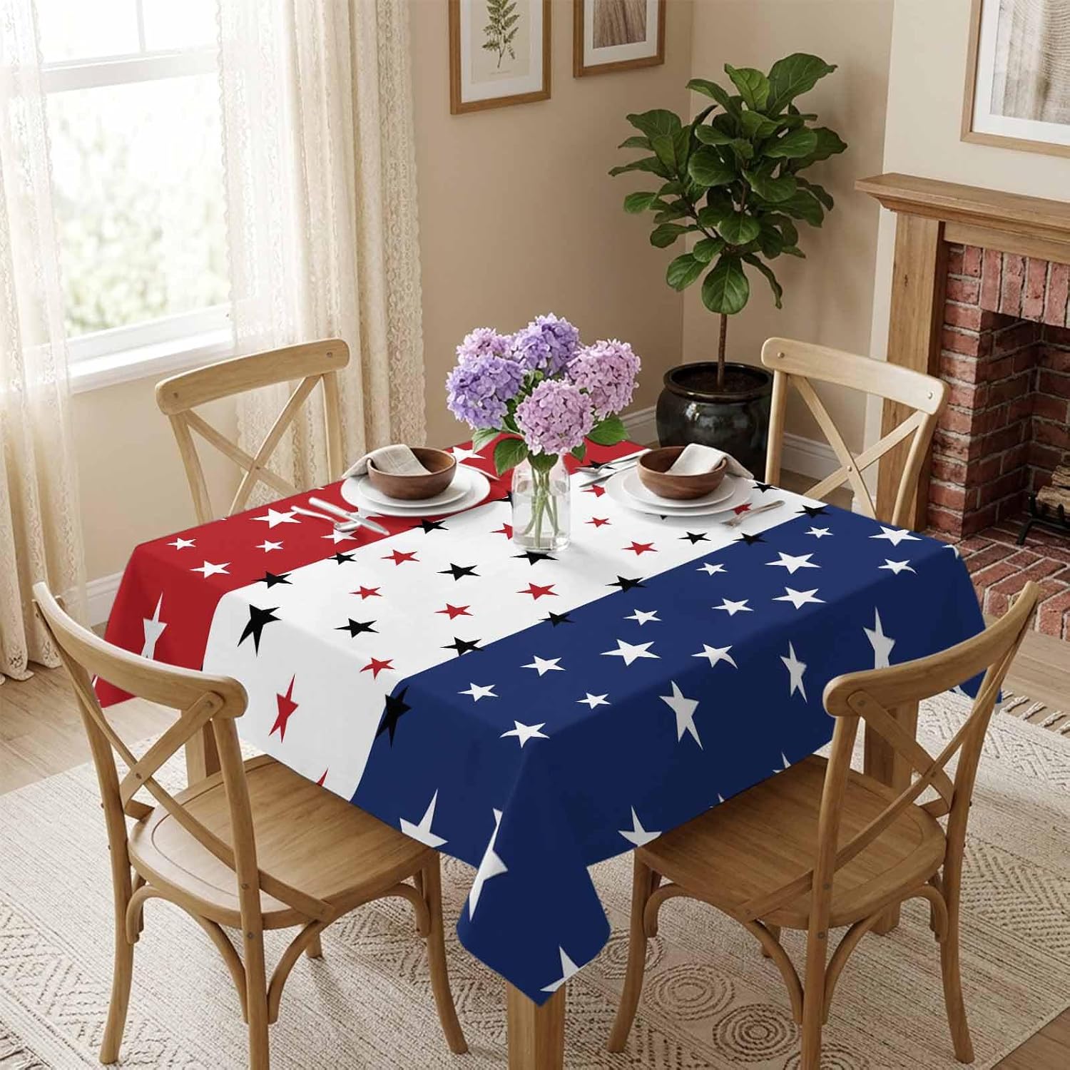 Vandarllin July 4th Tablecloths Red White Blue Waterproof Polyester Table Covers Decor for Square/Round Table,Home Dining,Outdoor,Party,Oil Proof,60"x60" Independence Day Americana Stars