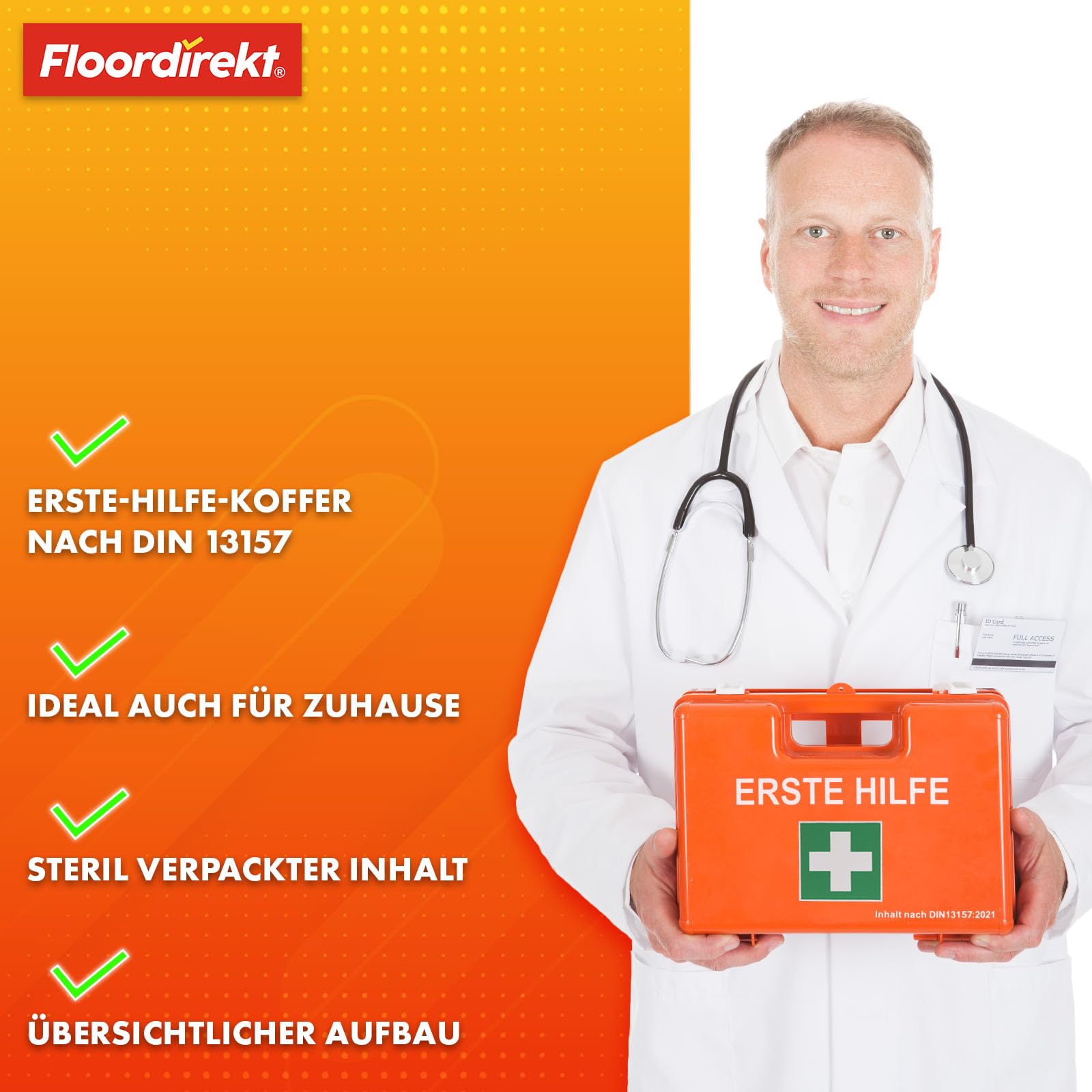 Floordirekt Erste Hilfe Koffer für Betriebe DIN 13157:2021 gefüllt inkl. Wandhalterung | 1 Hilfe Verbandkasten Set für Zuhause, Büros und Gastro, Notfallbox bis 50 Mitarbeiter (28 x 20 x 11,5 cm)