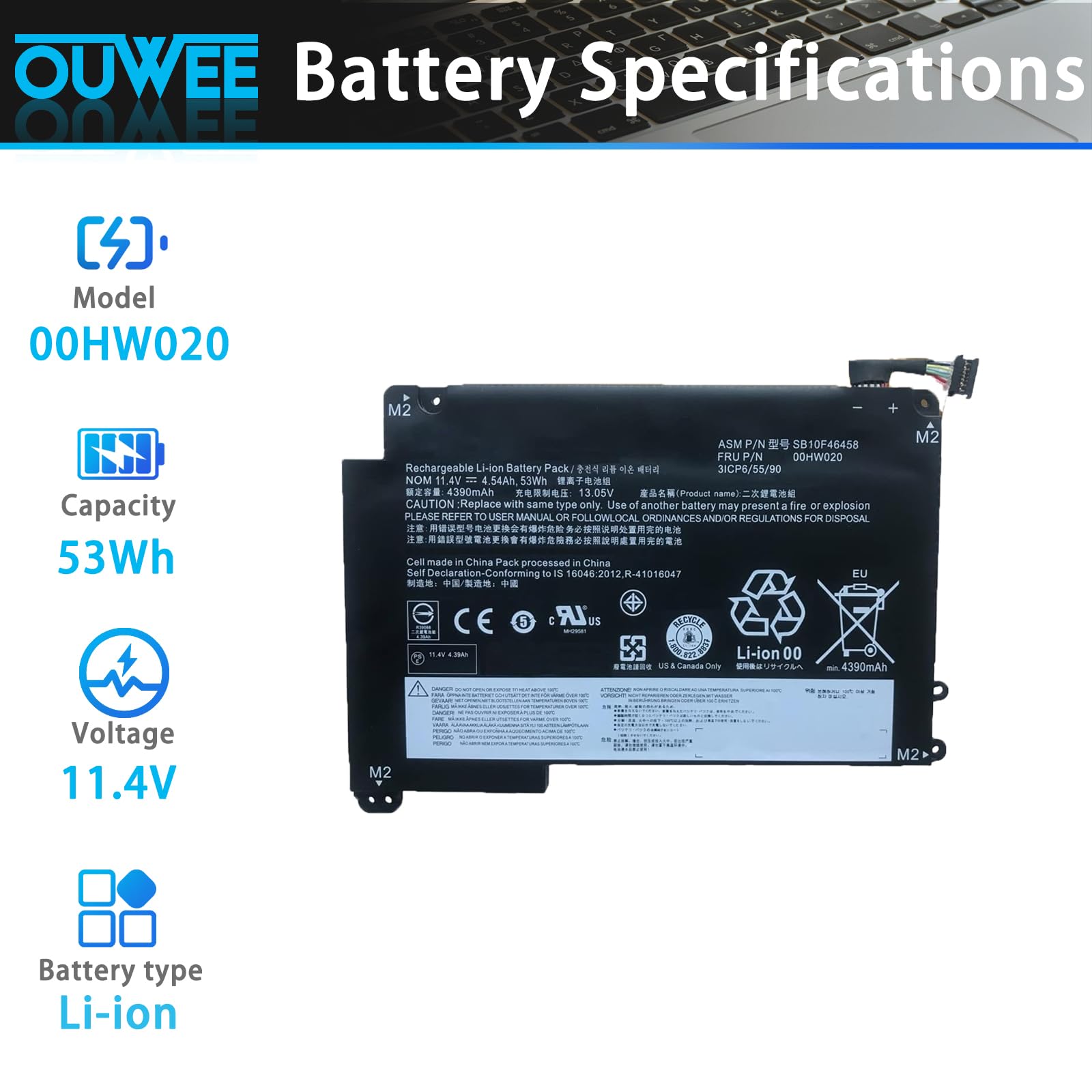 OUWEE 00HW020 Laptop Battery Compatible with Lenovo ThinkPad Yoga 460 P40 Yoga Series Notebook 00HW021 SB10F46458 SB10F46459 11.4V 53Wh 4540mAh 3-Cell