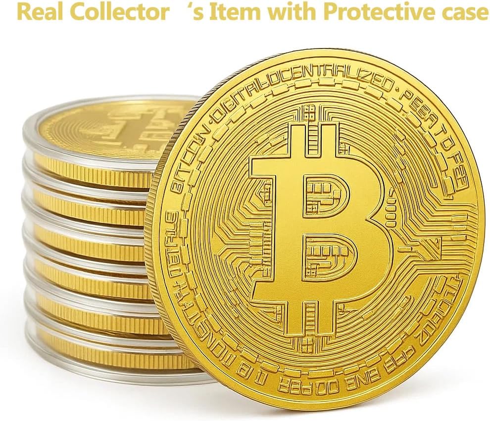 20 PCS Gold Plated Bitcoin Coin - 40mm Diameter, 3mm Thickness, 24K Gold Cryptocurrency Collectible with Clear Protective Case - Ideal for Blockchain Enthusiasts, Home Decor, and Office Gifts (Gold)