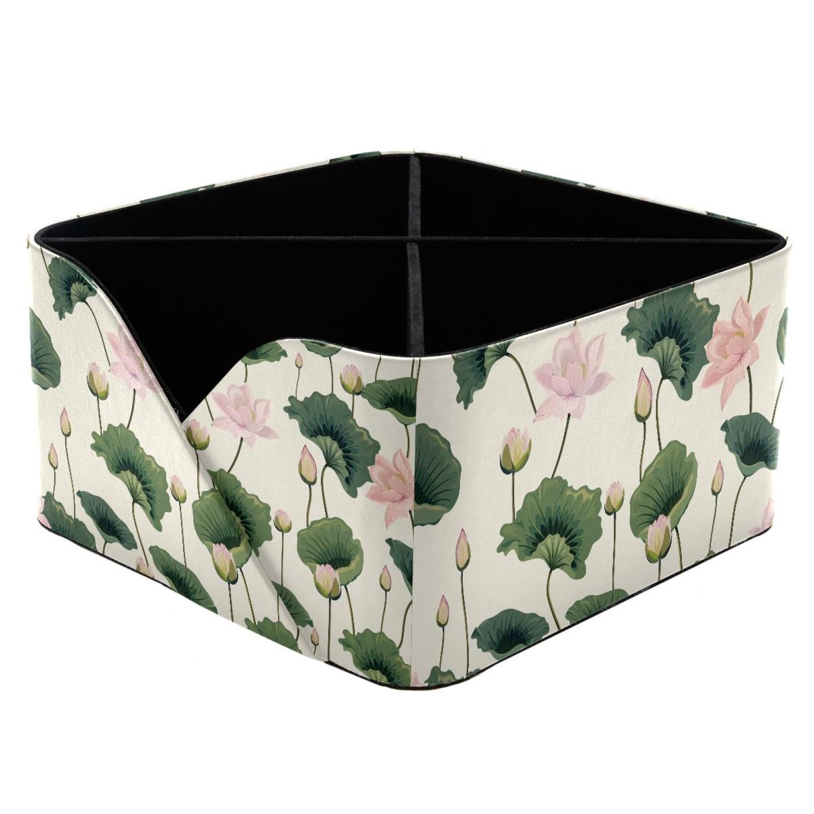 KengjuTesu Lotuses Pattern Desktop Organizer Pen Holder, Rectangular Pencil Cup for Office, Study and Makeup Stations
