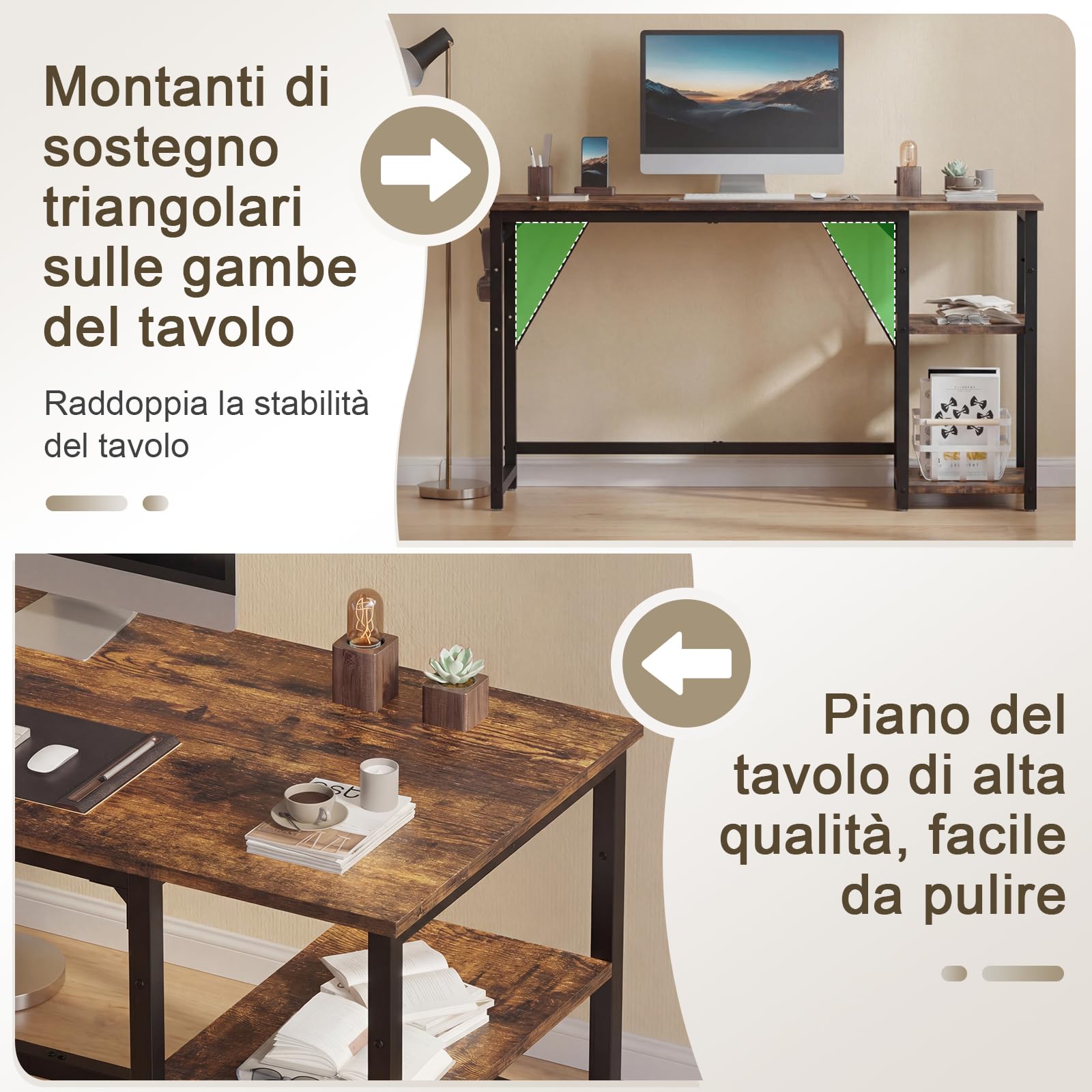 Devoko Scrivania Per Computer Industriale 140 x 50 cm, 2 Ripiani Regolabili Sinistra/Destra in Acciaio, Tavolo da Lavoro Mobile per Ufficio Casa Stile Vintage Marrone & Nero