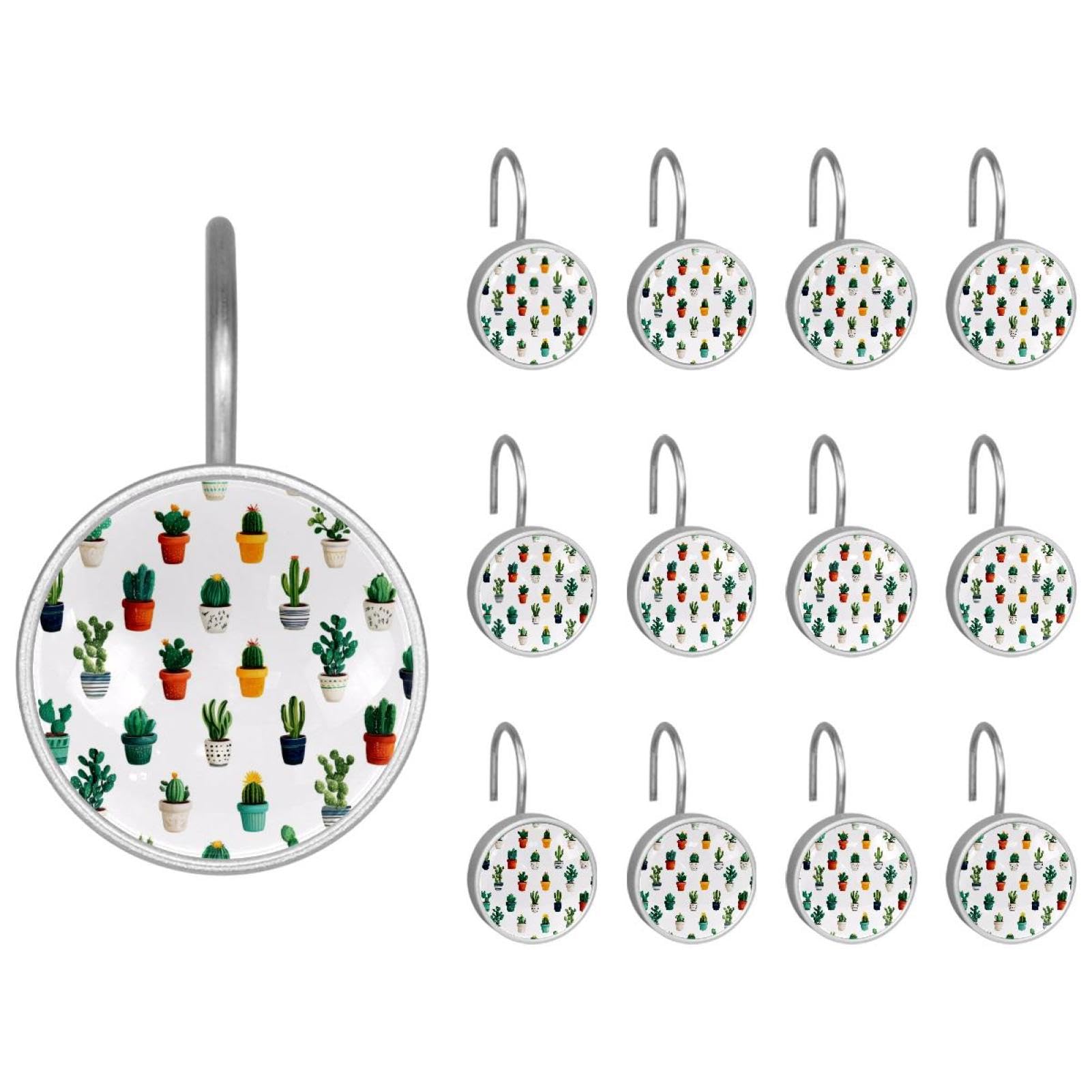 12pcs Glass Shower Curtain Hooks, Rust Resistant Decorative Shower Rings for Bathroom Living Room,Stainless Steel Hooks for Shower Curtain and Liner Rods (Mini Cactus Pattern)