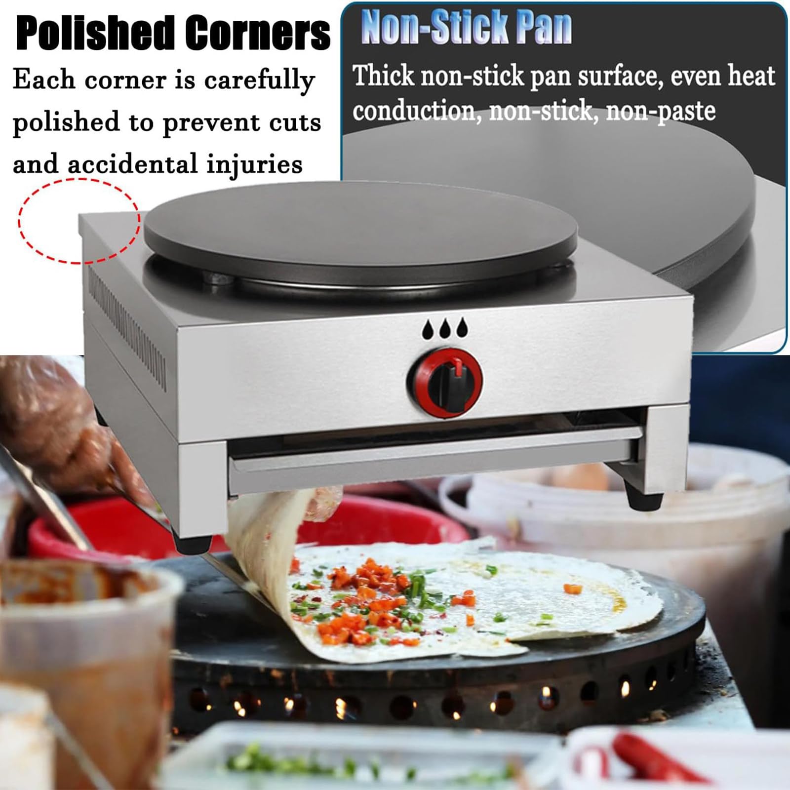 Crepera y Plancha para Cocinar, Antiadherente, 40cm/16 Pulgadas, Sartén para Tortillas de Escritorio para Uso Doméstico y Comercial con Cajón,Gas