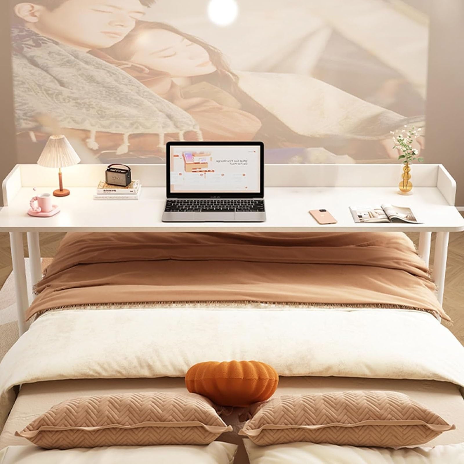 Stolik przyłóżkowy na kółkach, mobilny stojący stolik na laptopa o regulowanej wysokości z wytrzymałymi metalowymi nogami, stolik Queen Bed, stolik medyczny na kółkach do domu(Natural,150cm)