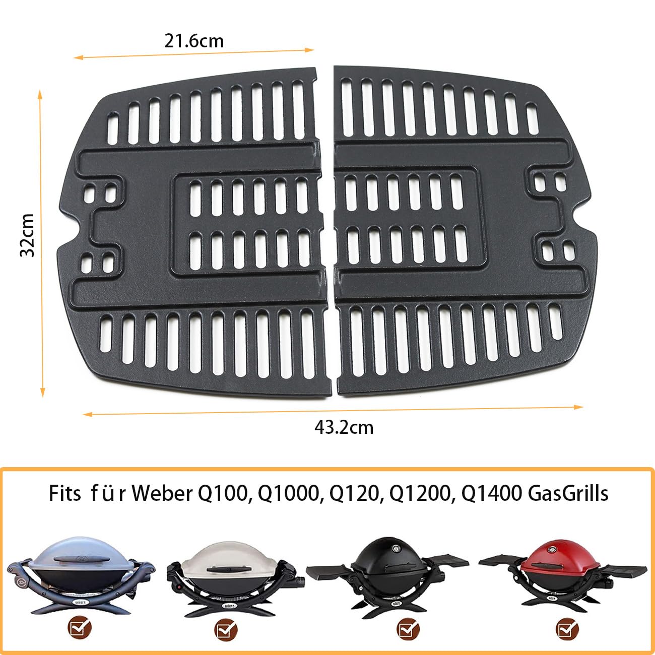 32cm x 21.6cm Gusseisen Grillroste für Weber Q100, Q1000, Q120, Q1200, Q140, Q1400 Gasgrill，7644 7582 Ersatzteile Gusseisen Grillplatten für Weber Baby Q Gasgrill
