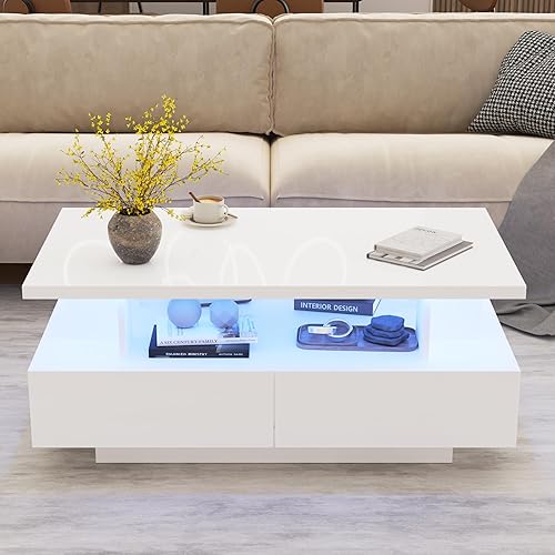 Miniatura 3 de MHOM Mesa de centro LED de 41.3 pulgadas, moderna mesa blanca de alto brillo con 4 cajones, elegante mesa central para sala de estar, oficina y