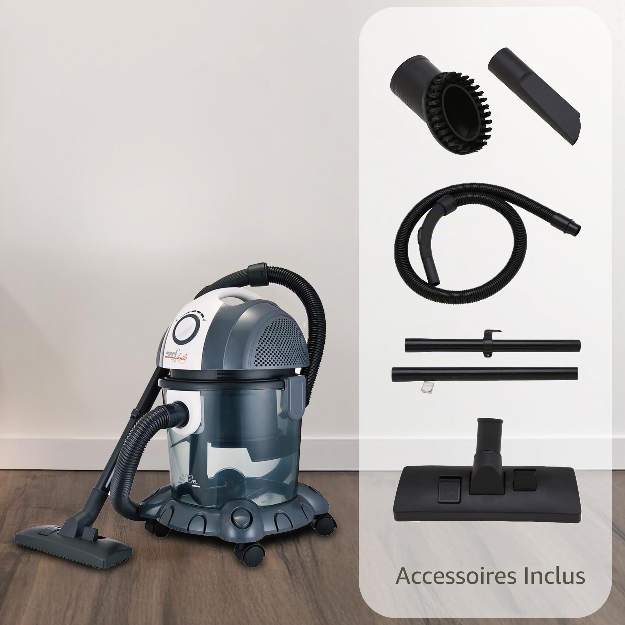 Melchioni Family MR BIN G, Aspirateur traîneau, Filtre à eau, Aspirateur avec chariot, Puissance 1400W, Aspiration liquides/solides, Fonction soufflage, Capacité réservoir 15L Poussière,10L Liquides