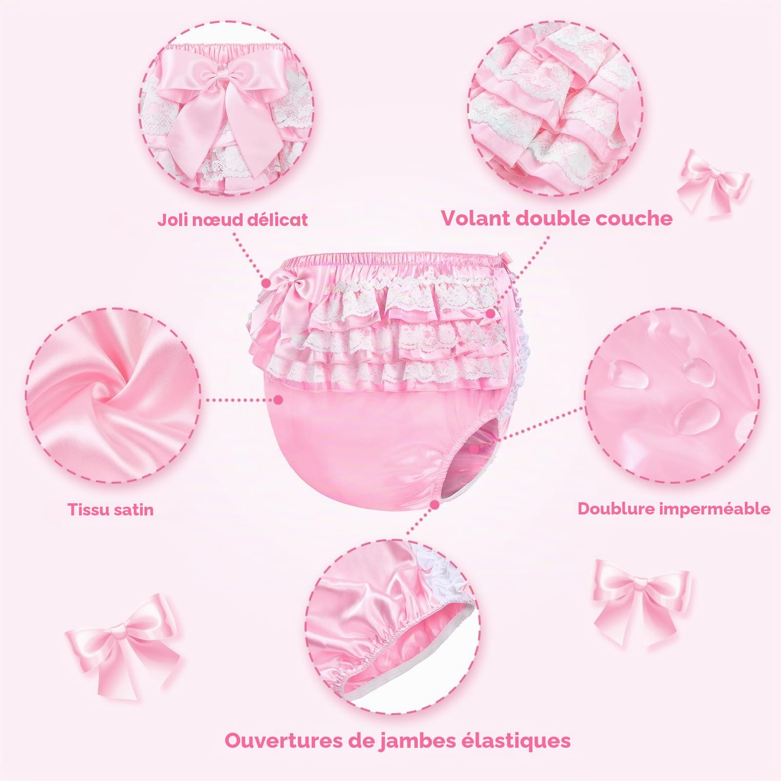 LittleForBig Lavable, réutilisable, imperméable, avec nœud en dentelle froncée, joli satin rose, couverture de couche pour adulte XL