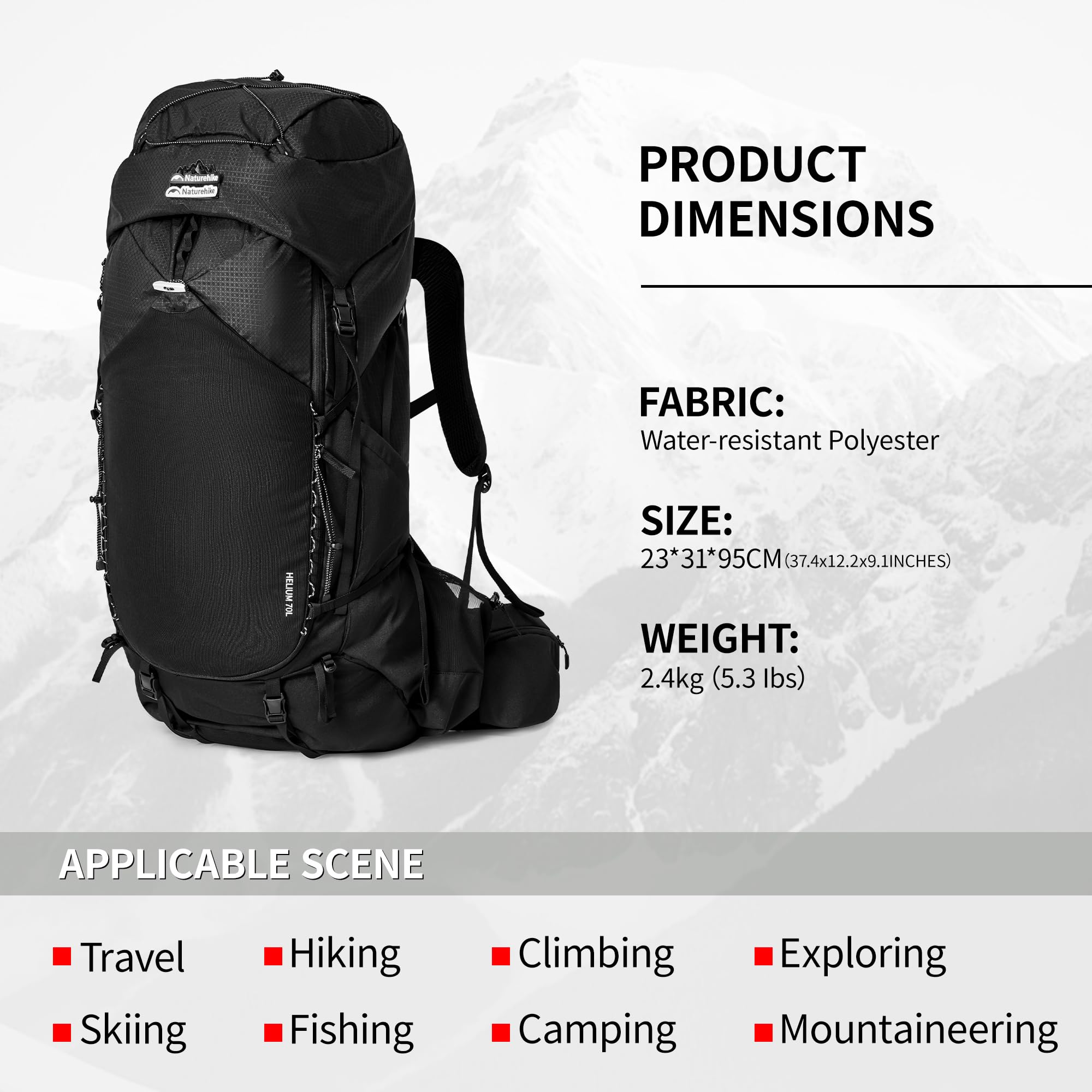 Naturehike Plecak turystyczny 25 l/35 l/70 l, dla mężczyzn i kobiet, wodoszczelny, trekkingowy, na kemping, podróż, plecak, Czarny/70l/M, M, do zastosowania na zewnątrz