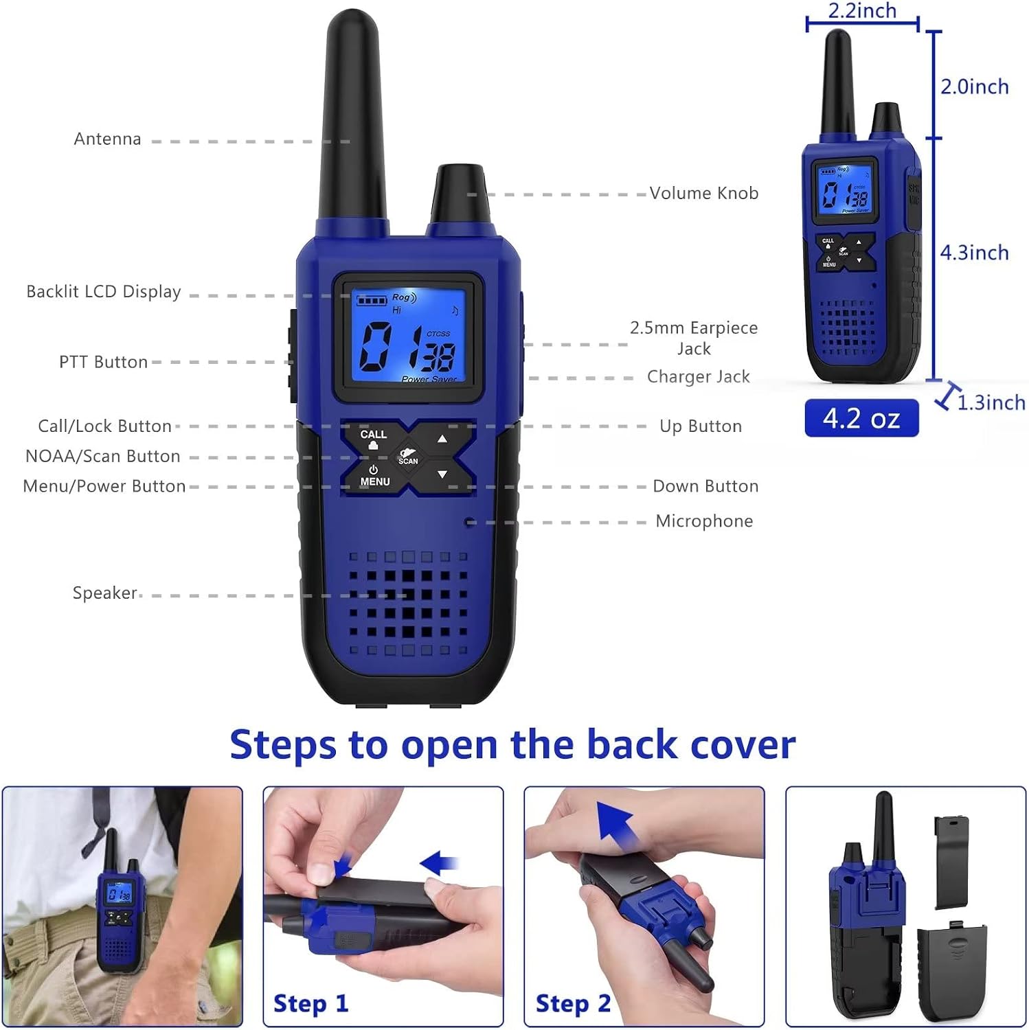 topsung walkie talkies rechargeable for adults long range with earpiece noaa weather alert, multi-purpose 2 way radio 3 pack for team work senior care kid adventure family camping hiking skiing cruise blue green purple