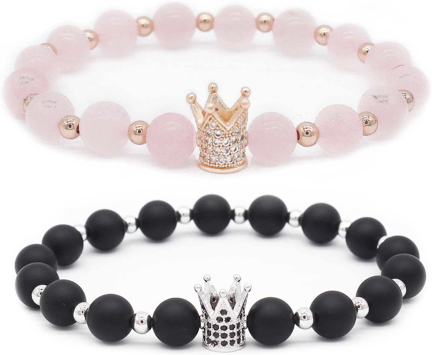 Gemfeel8mm Black Onyx Stone & Pink Quartz CZ Her King/His Queen 8mm Beads Couple Bracelet, 7.6"+7.2", Black&Pink
