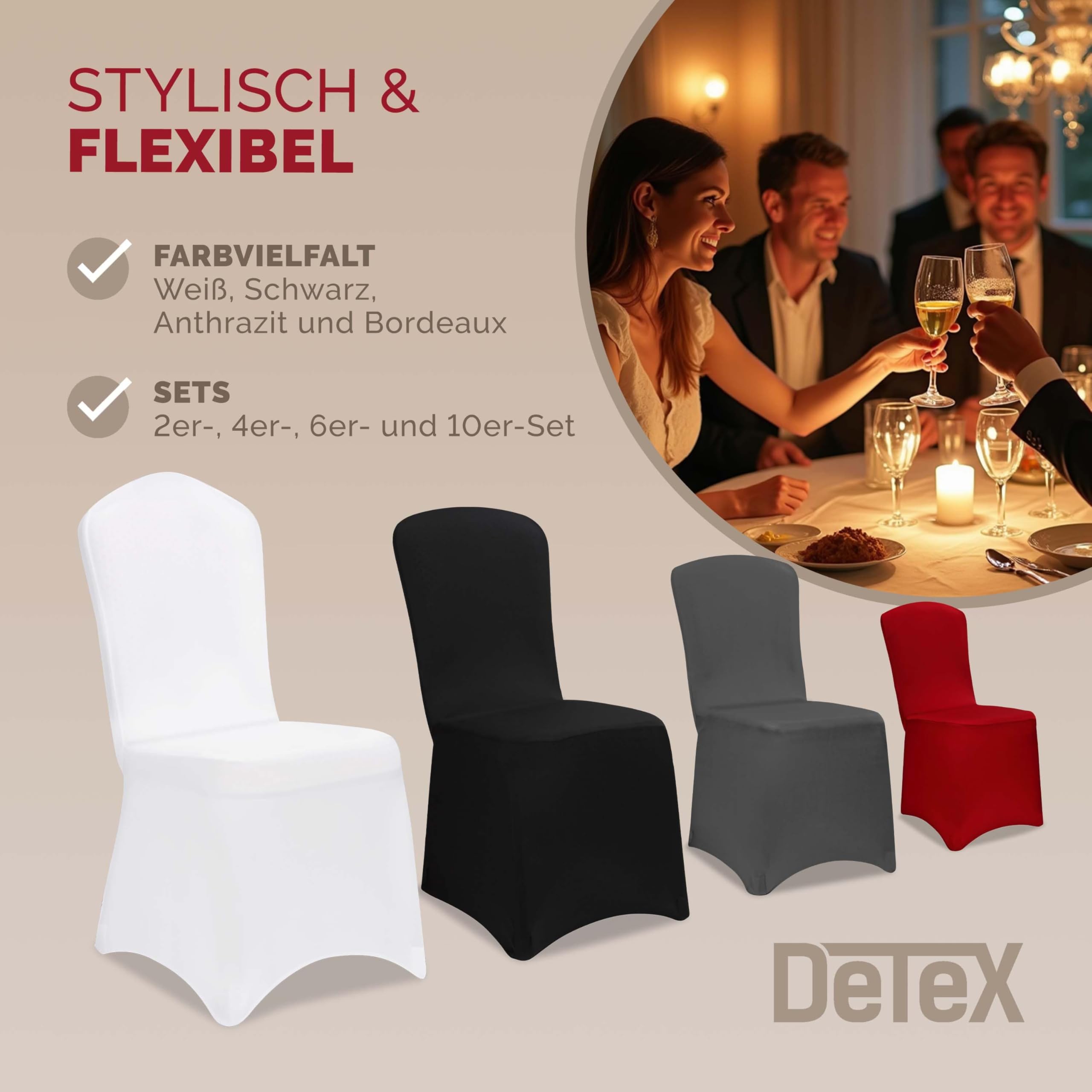 Detex® Fundas Sillas Elásticas Pack 6 Set Cubre Sillas Respaldo Alto Lavables Eventos Hogar Blanco