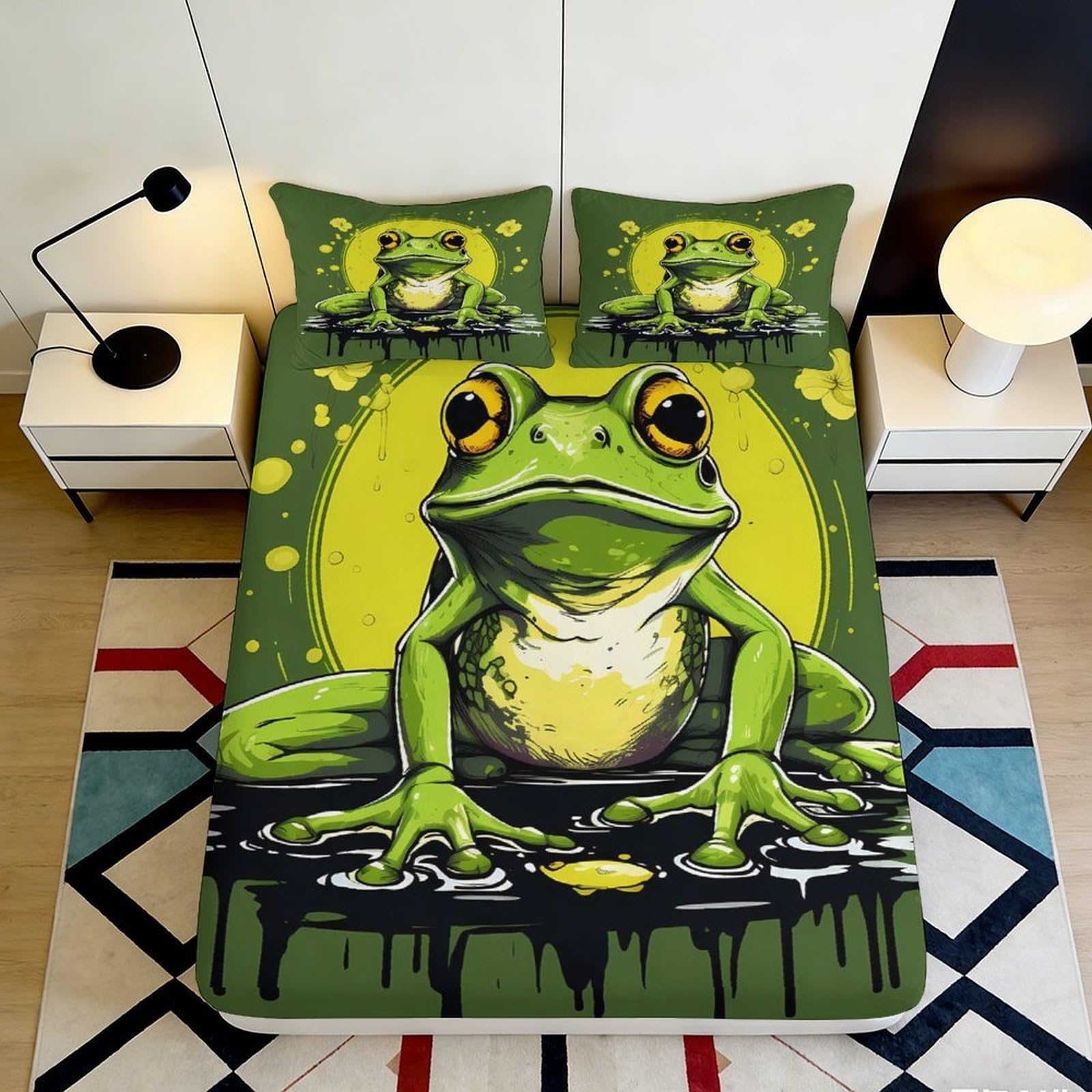 Pnayamiorkfel Style-7 3D Printed Green Frog Pond Fitted Sheet Microfiber Soft Bedroom Decor Cartoon Frog Mattress Cover Gift 90X200x25cm