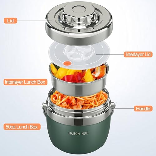 Miniatura 2 de MAISON HUIS Contenedor de alimentos aislado de acero inoxidable de 50 onzas, lonchera Bento para sopa térmica para alimentos calientes, diseño de