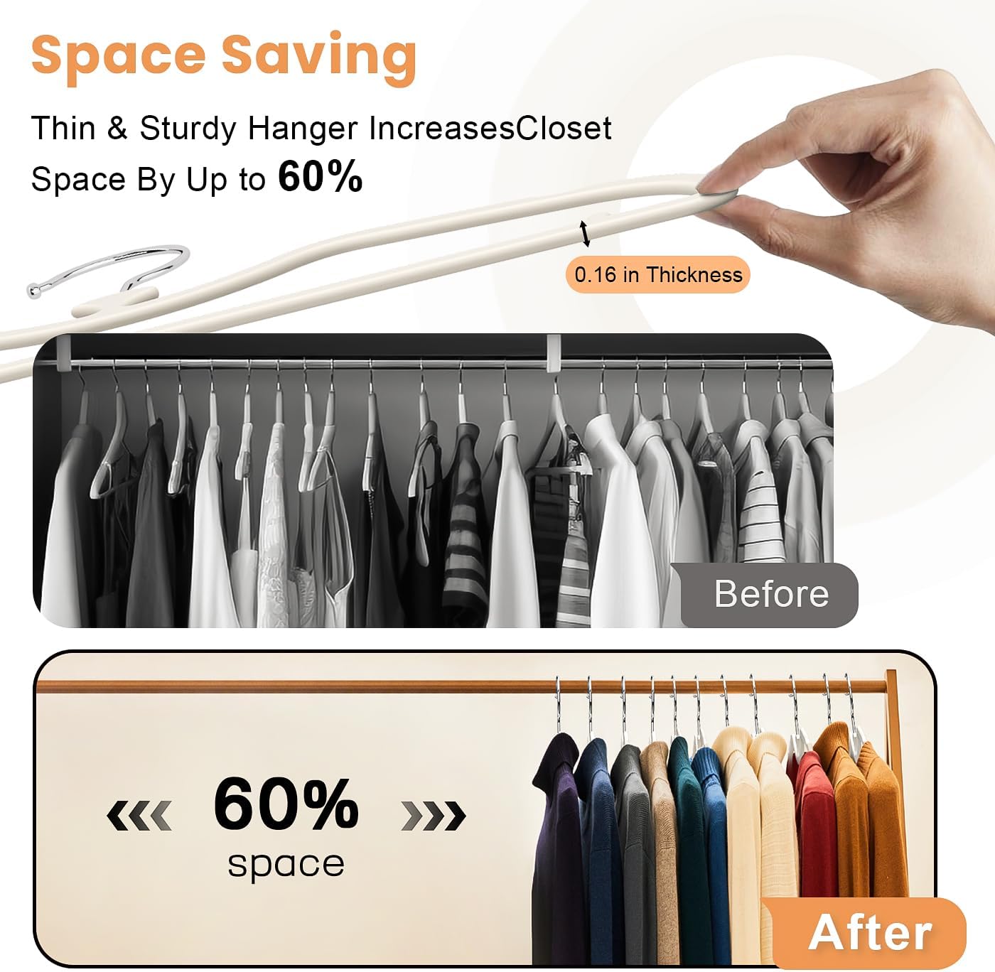 20 Pack Upgraded Short Neck Vertical Space Saver Hangers, 360 Degree Swivel Hooks, Non-Slip Hangers, Liquid Silicone, Smooth as Skin (Not Velvet) - Cream
