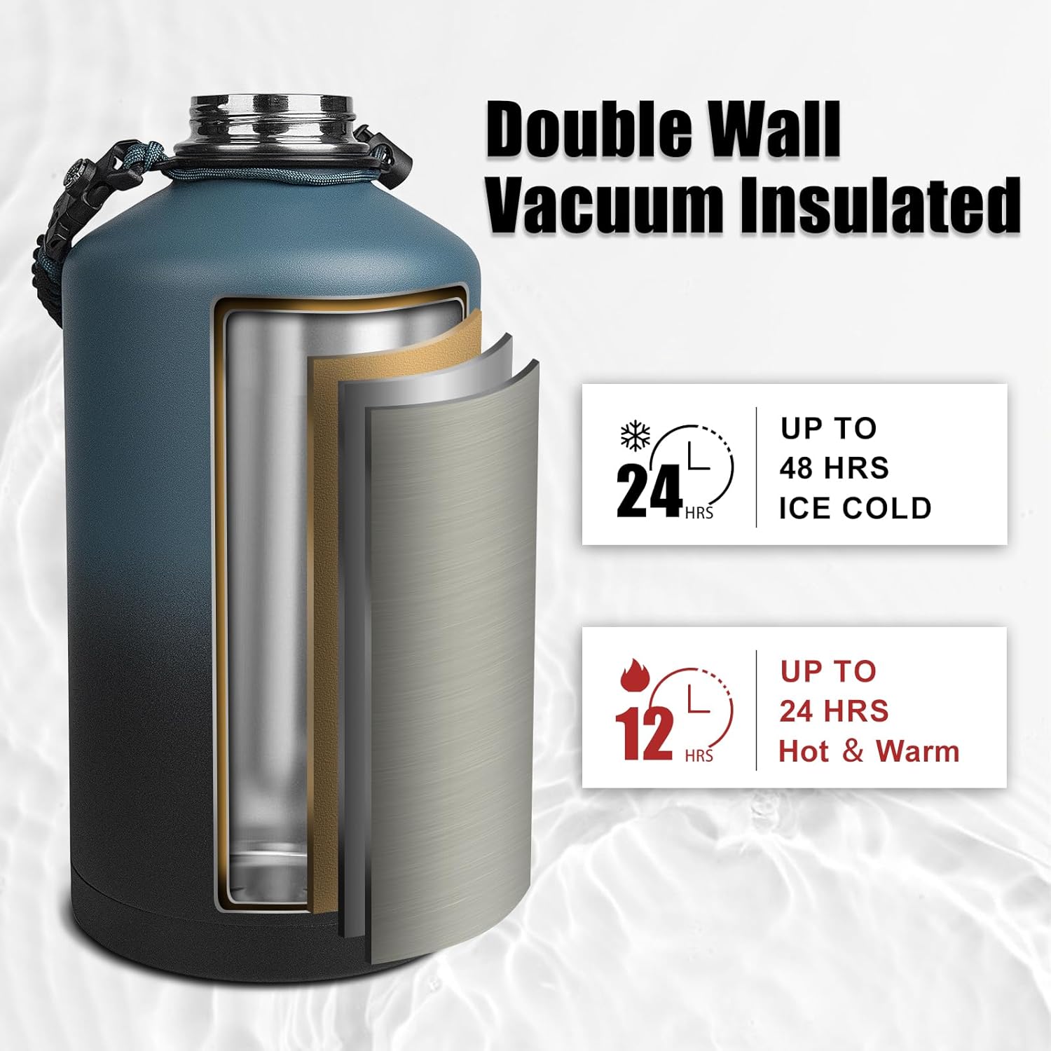 1 Gallon Insulated Water Bottle, Keeps Cold 24H & Hot 12H, Straw Lid & Paracord Handle, 128 oz Double Wall Leak-proof BPA Free, Powder Coated - Image 2