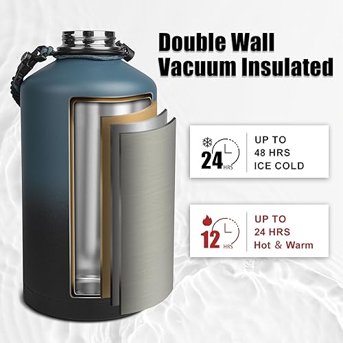 Miniatura 2 de Botella de agua de 1 galón aislada con recubrimiento en polvo, jarra de agua de 1 galón con tapas de popote y mango de paracaídas, botella de agua