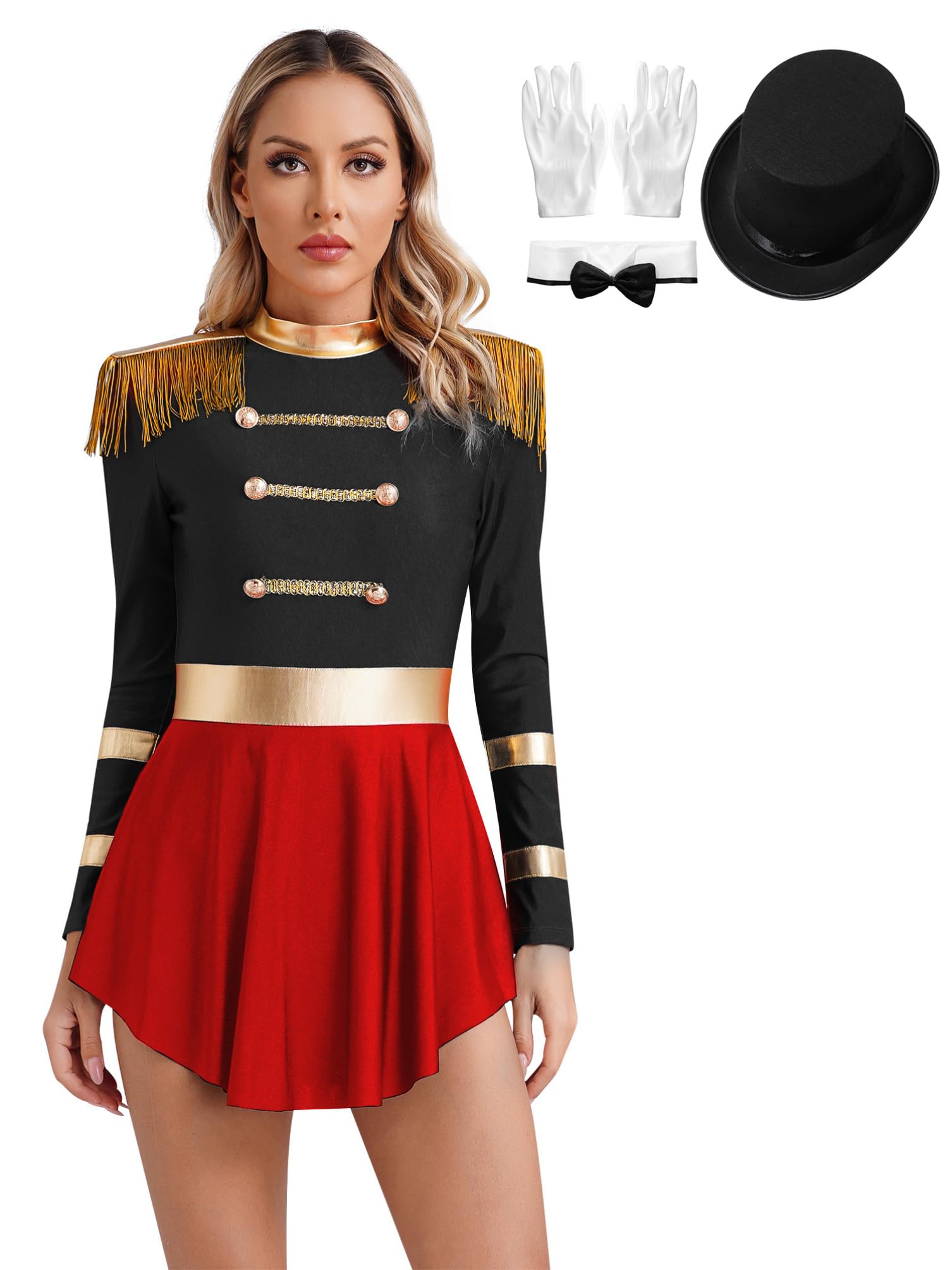 dPois Vestido Manga Larga Lentejuelas Mujer Disfraz Carnaval Domadora Maillot con Falda Tutú Disfraz de Circo Mago para Fiesta Carnaval Halloween