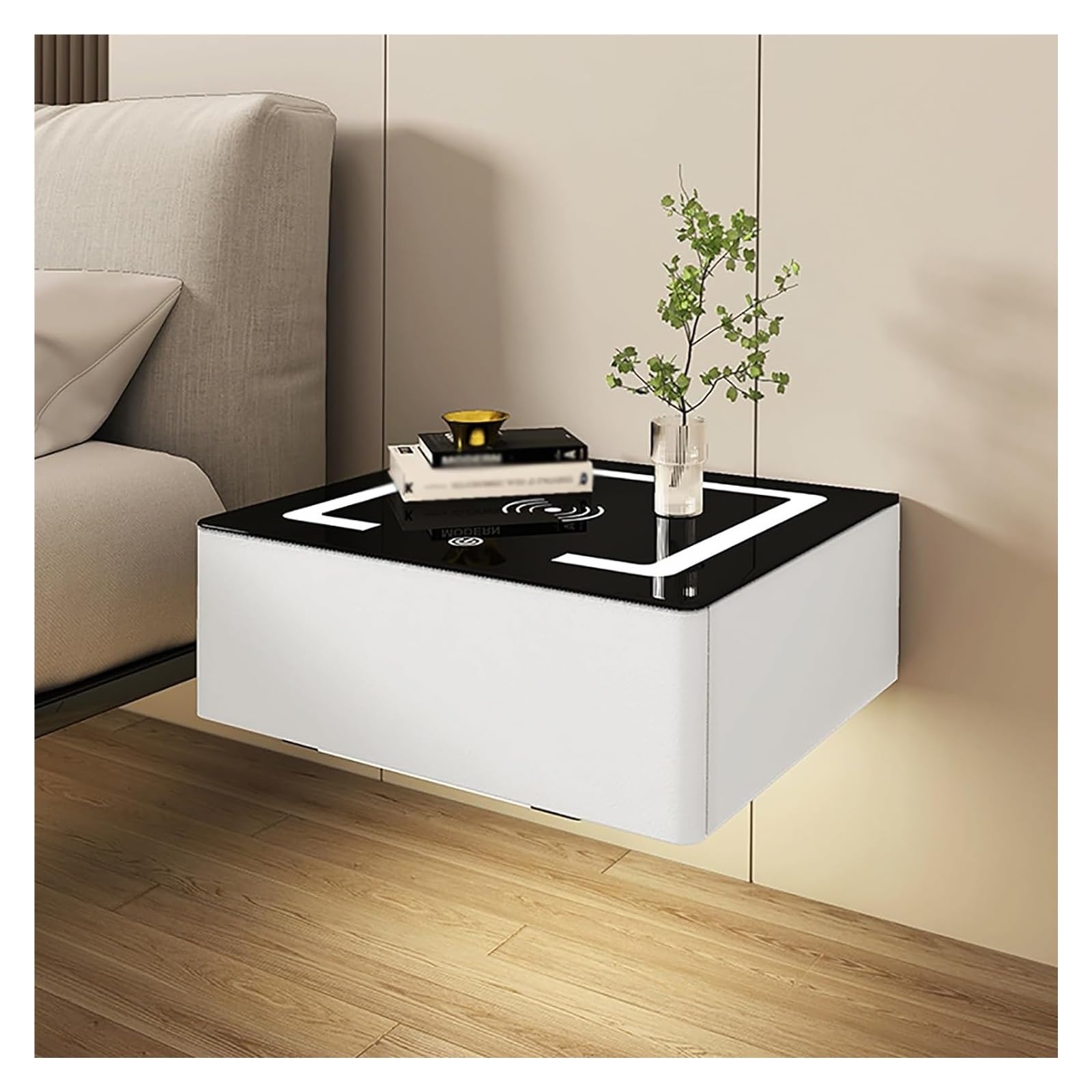 Table de chevet flottante rose 48cm avec tiroir et LED intégrée