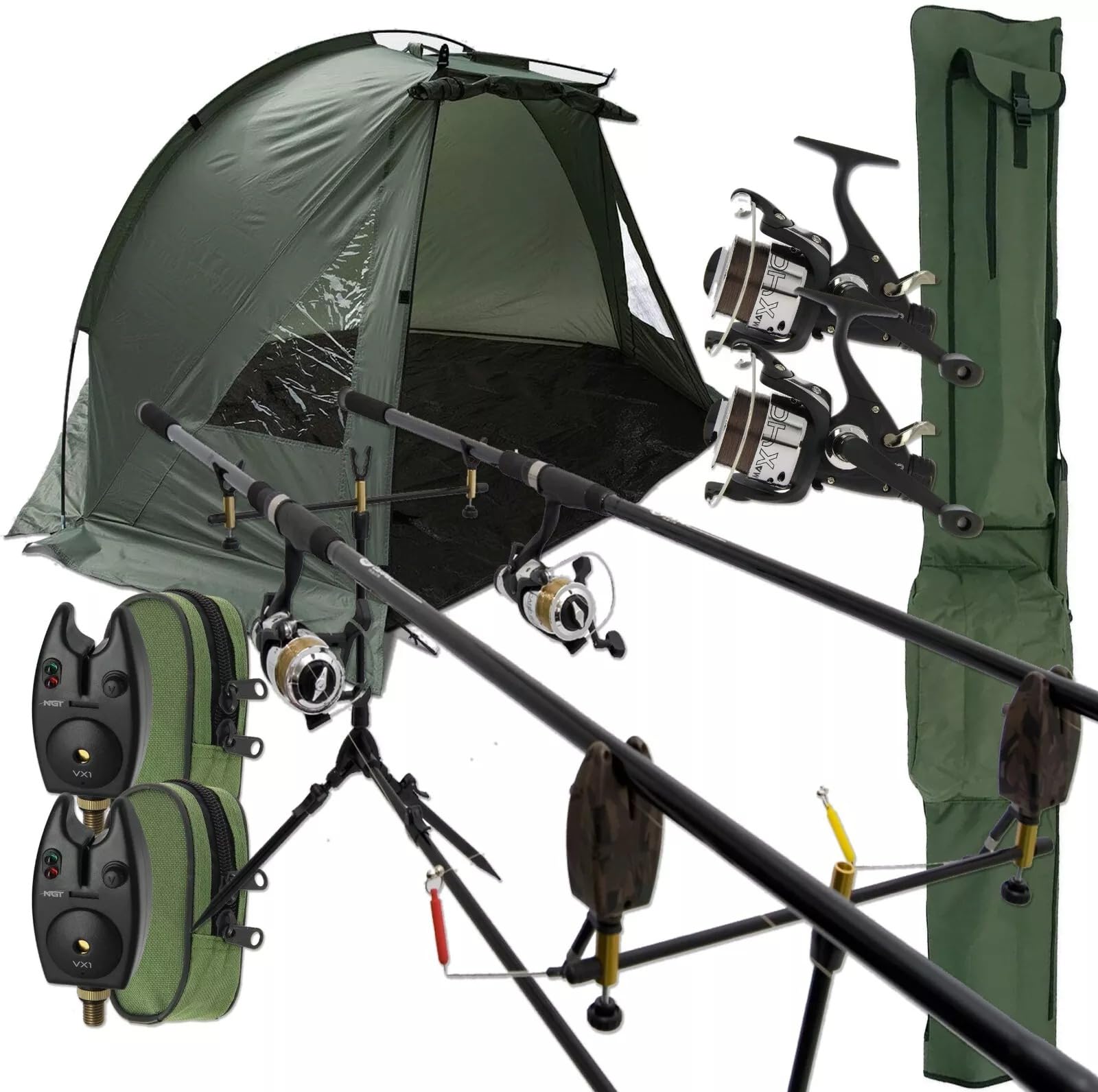 Full Carp Fishing Setup With Bivvy, Detachable Groundsheet, Matching 12ft 2pc Rods, 2BB Runner Reels, Bite Alarms, Rod Pod Stand and Holdall To Store your Tackle (2 Rod and Reel Setup)