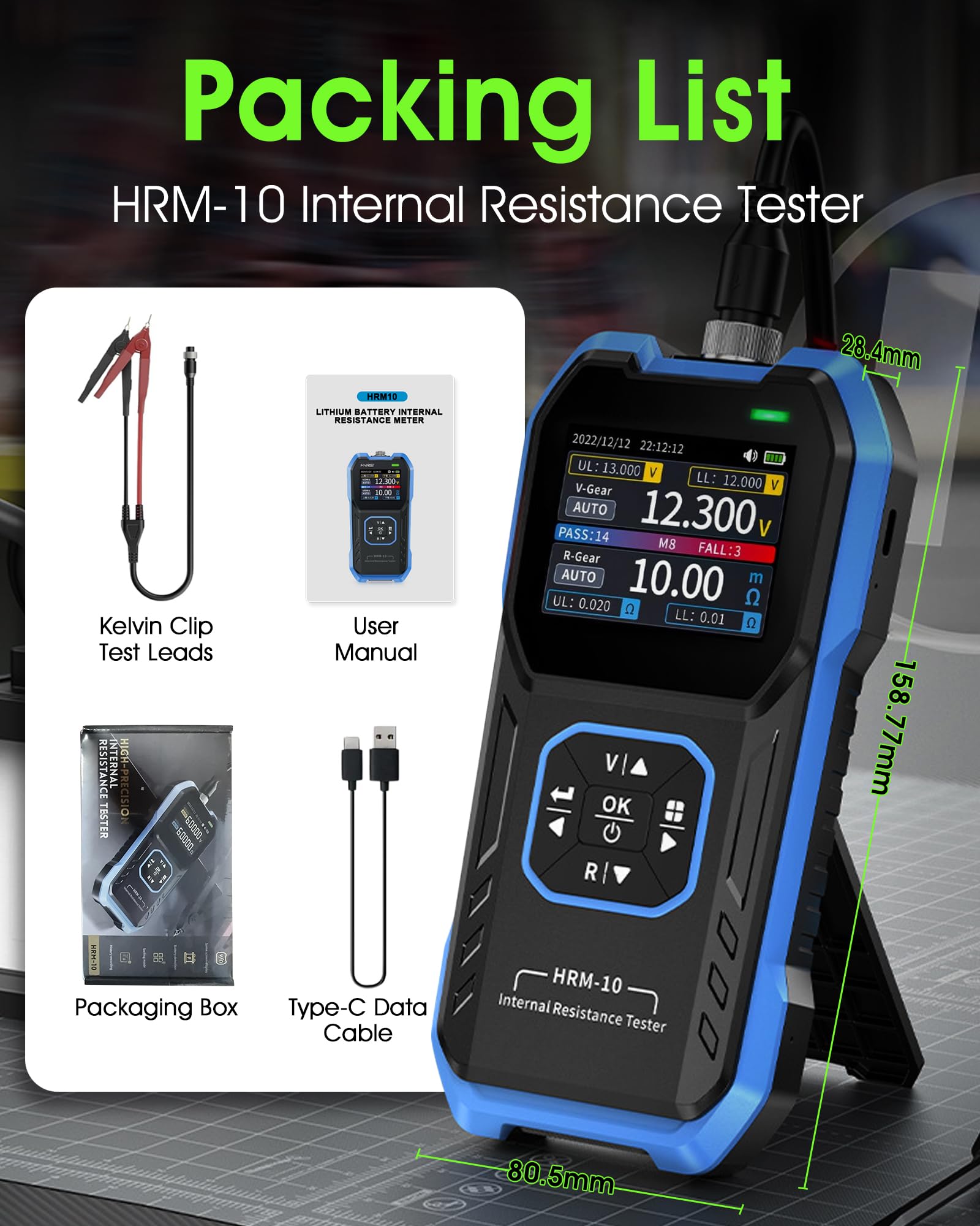HRM-10 Batterie-Innenwiderstandstester, 4-Draht Autobatterie-Analyzer & Spannungsmesser, 0-100V 0-200Ω, mit Sortiermodus, Auto/Manuell Bereich für Kfz, Li-Ion, Blei-Säure