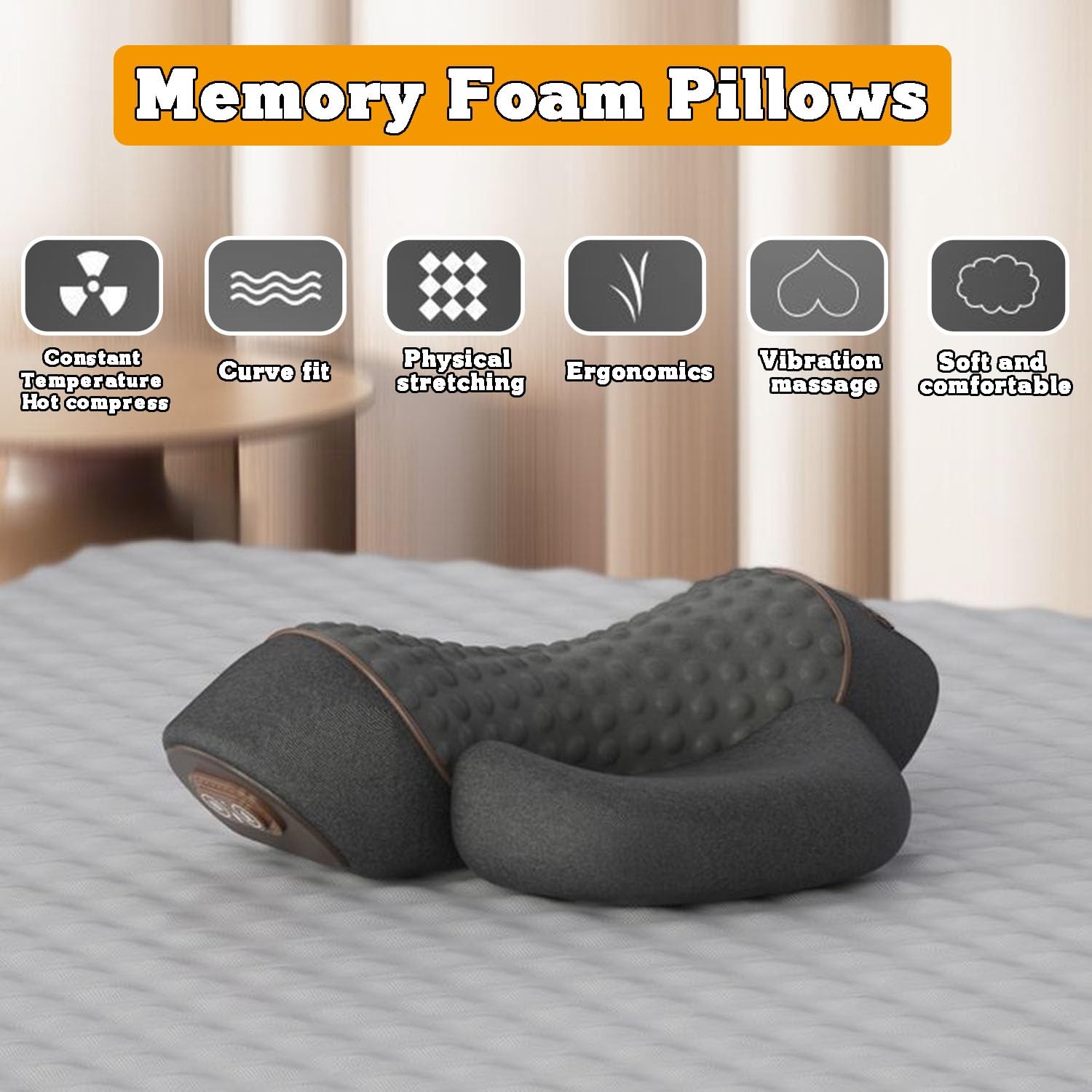 AVSMGP Almohada Cervical Ergonómica, Almohada Cervical de Espuma viscoelástica con función de Masaje de calefacción, Estiramiento y vibración, Almohada Cervical Ortopédica Contorno Cuello,Negro,A