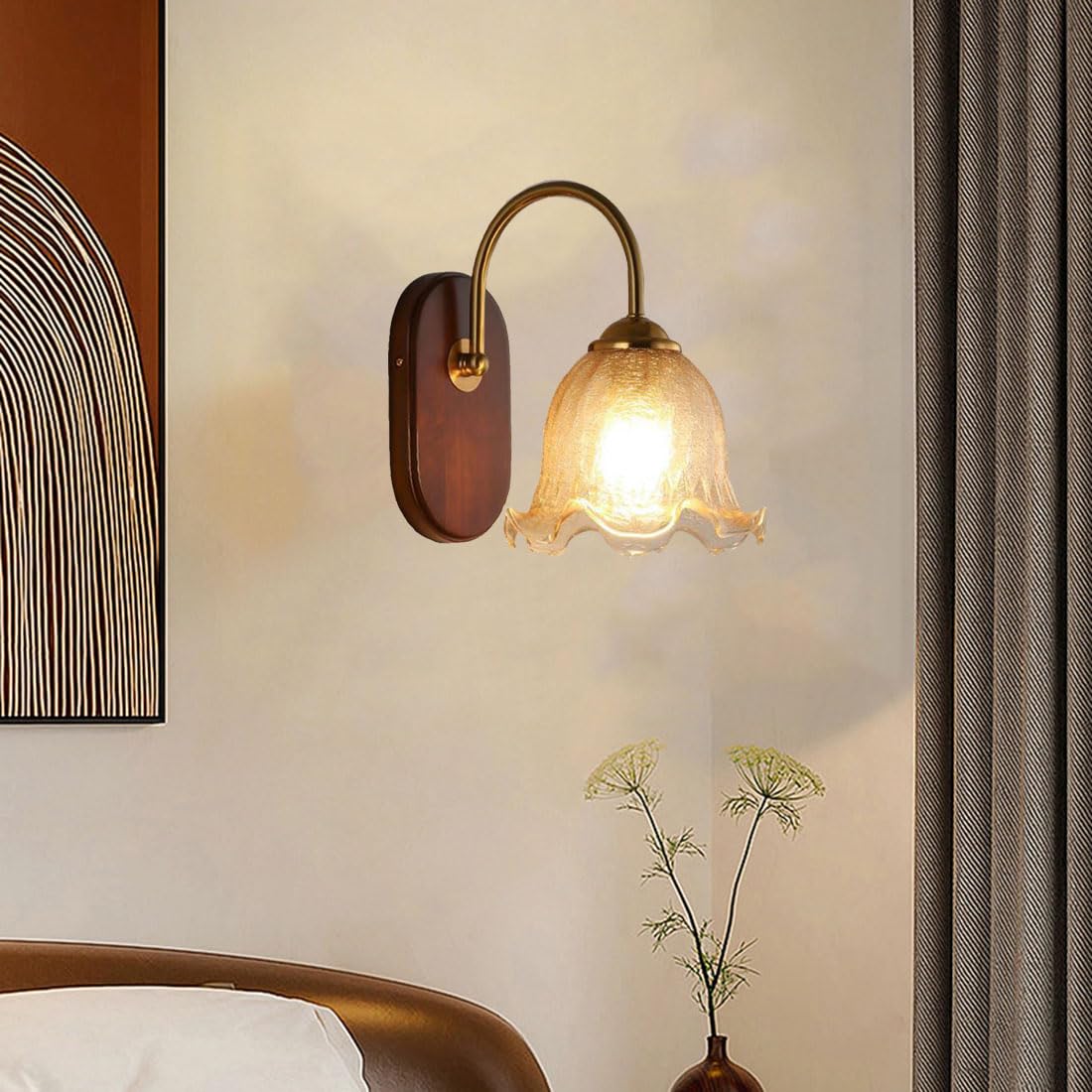 Applique da parete moderna per camera da letto, paralume a forma di fiore, base in legno rustico, lampada a collo d'oca E27, luci in stile nordico industriale per soggiorno, comodino, veranda, ingres
