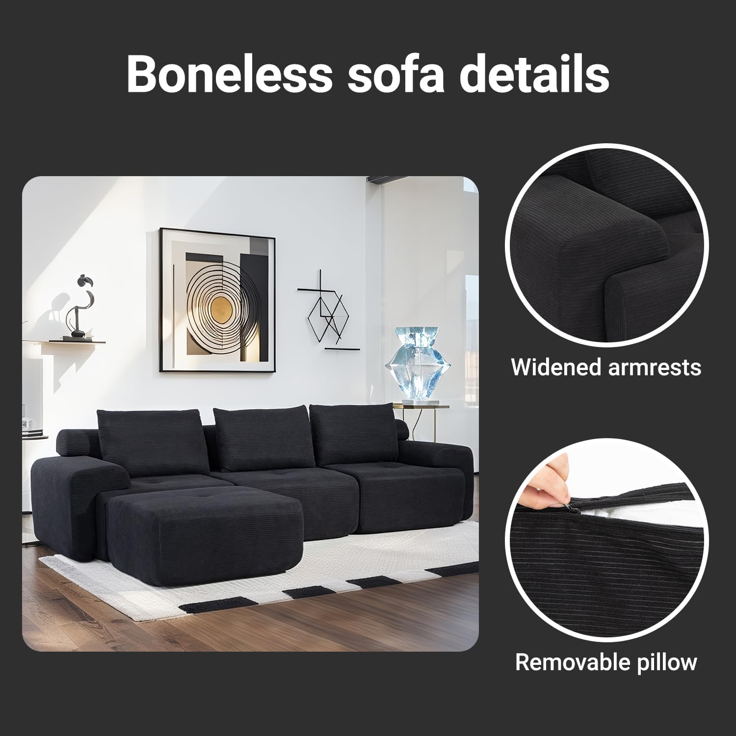 Fefances 120" Modern L-Shaped Modular Sectional Sofa, No Assembly Modular Boneless Couch Oversized 3-Seater Cloud Couch with Deep Seat and Movable Ottoman for Living Room-Corduroy Upholstery Black