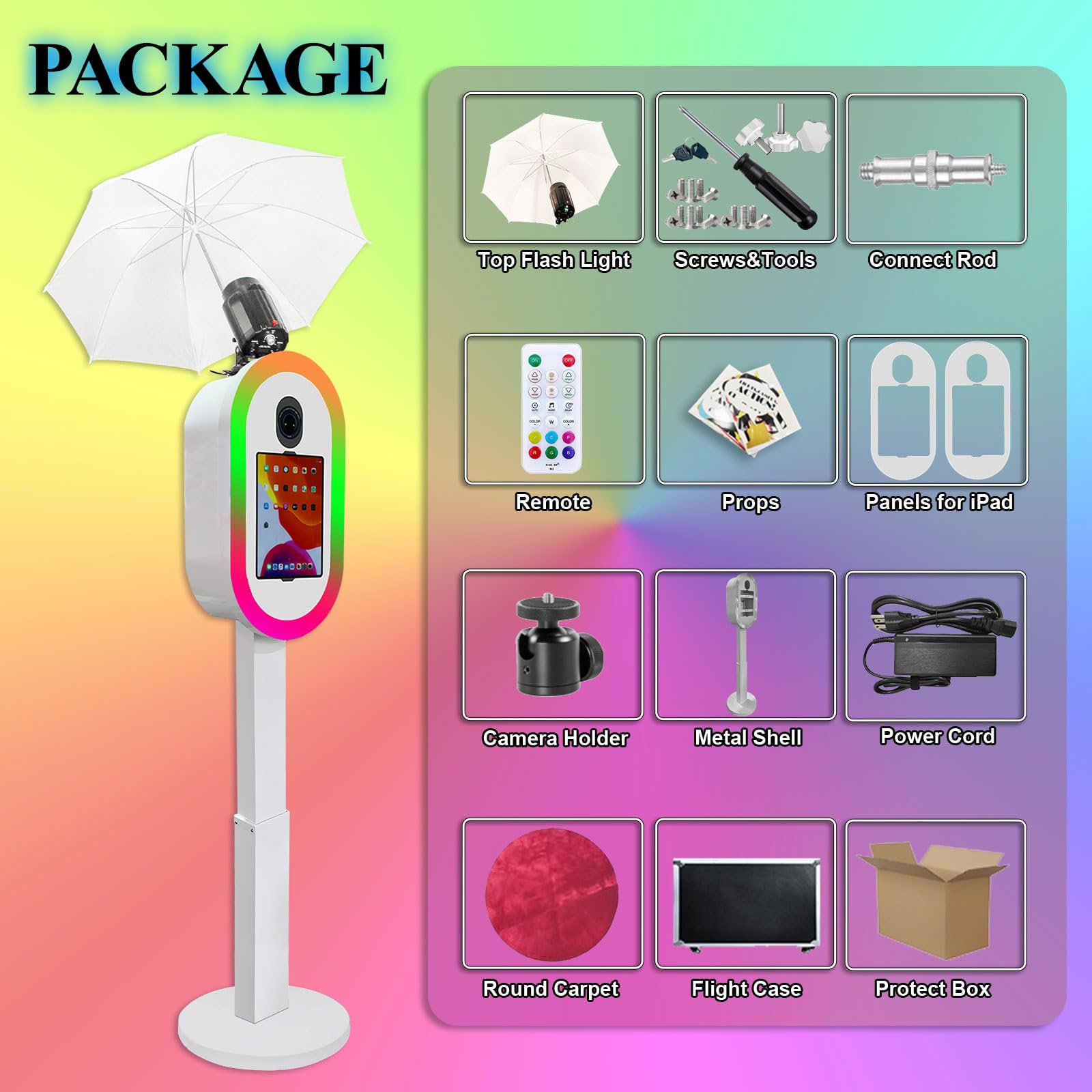 Cabina de fotos compatible con iPad de 10.2 a 13 pulgadas con luz RGB y soporte de carcasa de linterna, máquina de fotomatón para selfie, para eventos, alquiler, boda (blanco, máquina de