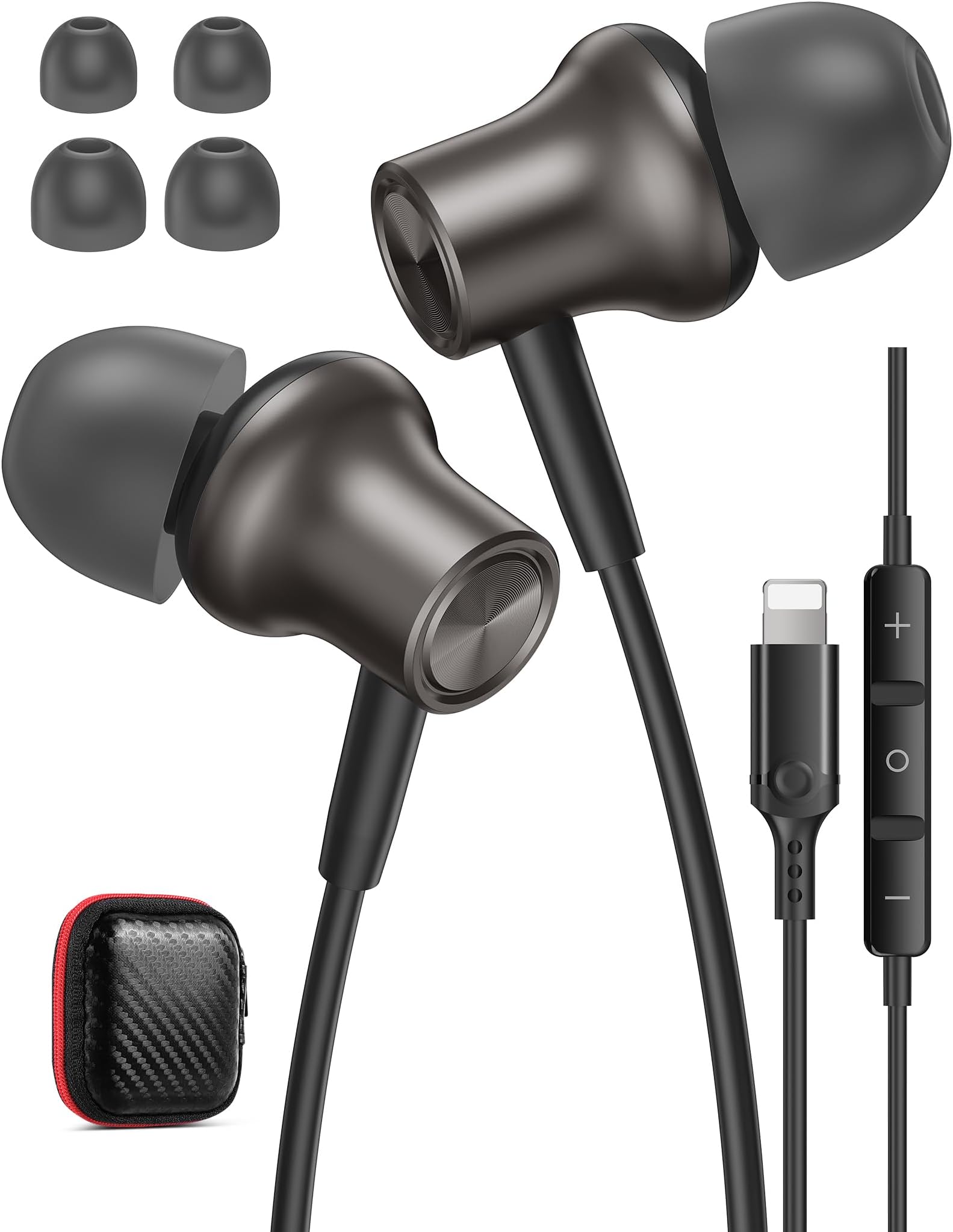 iMangoo Design for Apple MFi-Certified Wired Earbuds for Lightning Headphones Magnetic Wire Earphones Corded with Microphone Volume Control for iPhone 14 Plus 13 Pro Max 12 Mini 11 10 XS XR Gunmetal