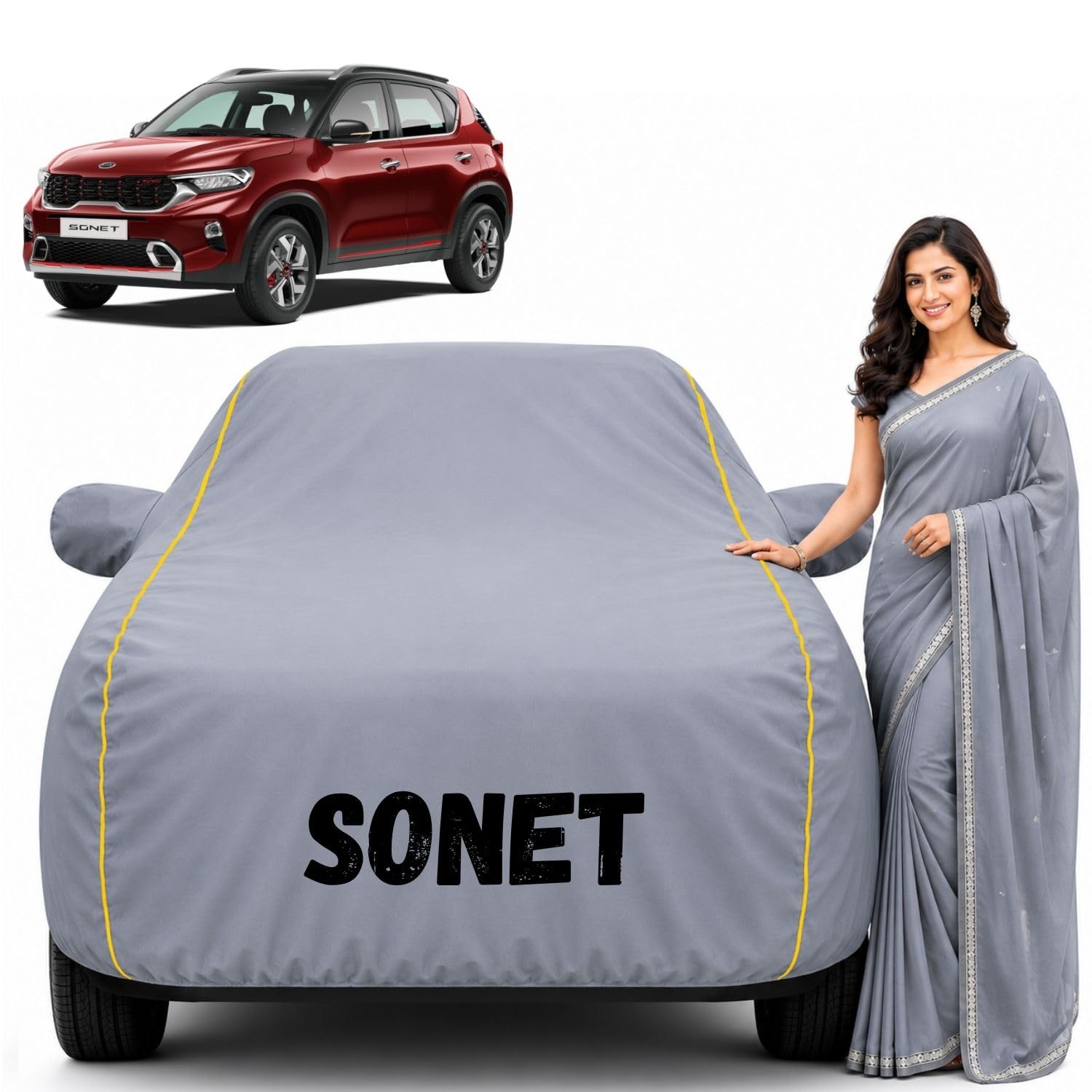 Waterproof Car Cover for Sonet All Weather Protection Comes with Inner Cotton Lining & Triple Stitched with Mirror & Antenna Pocket Belt & Elastic Fit Grey with Yellow Piping-image-29