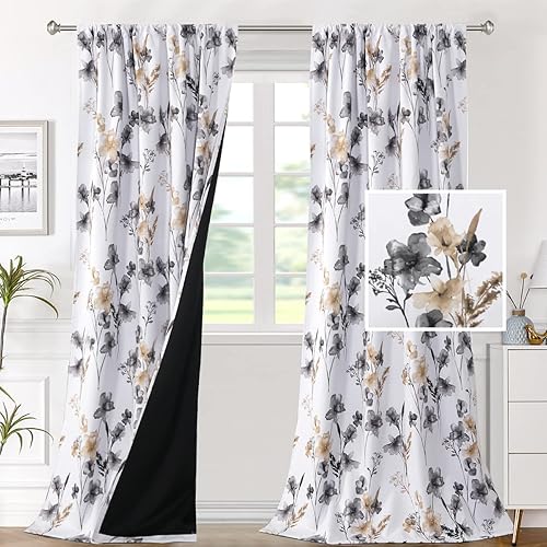 H.VERSAILTEX Cortinas 100% opacas para dormitorio, cortinas con estampado floral Cattleya de 96 pulgadas de largo, con patrón floral Leah, cortinas
