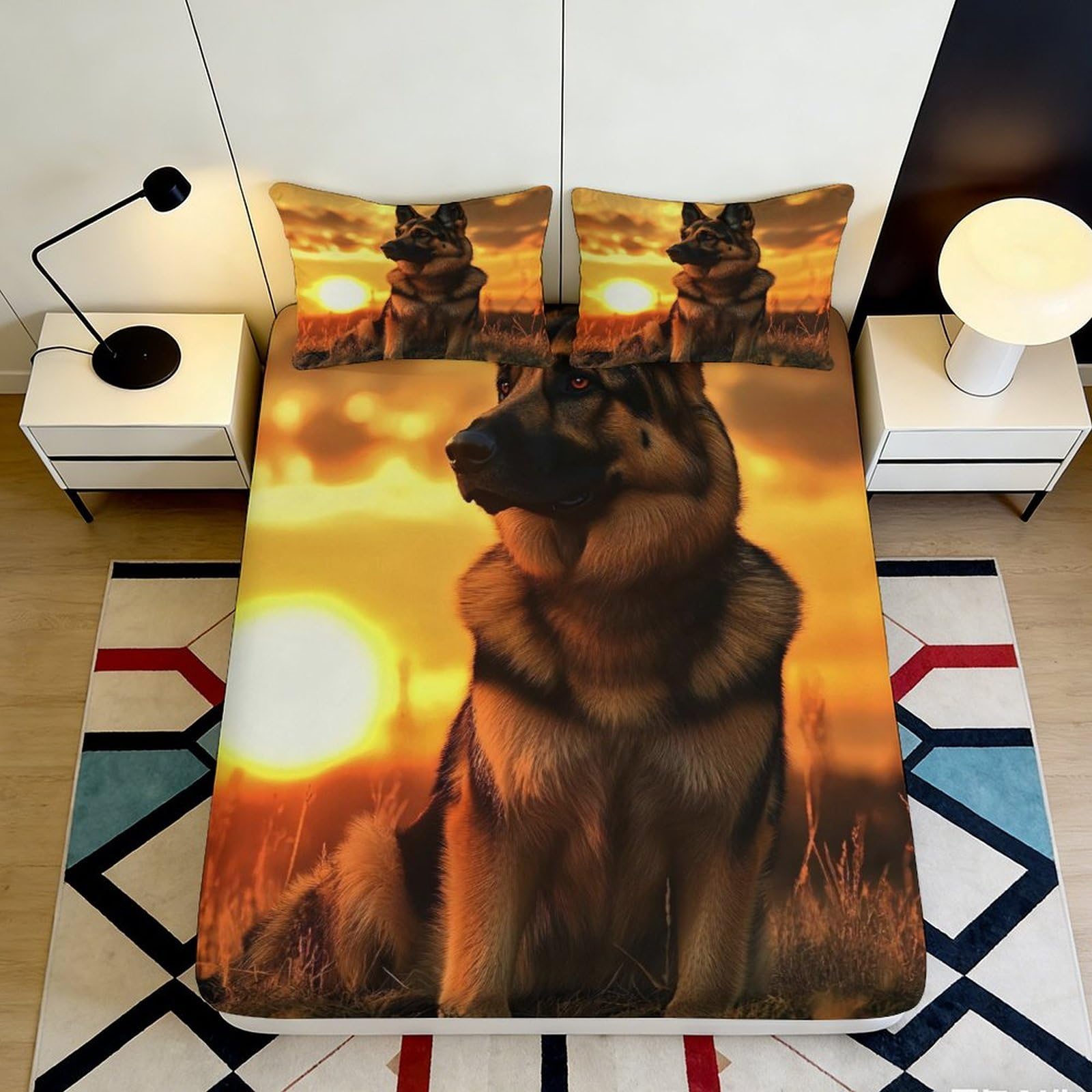 3D Printed Sunset German Shepherd Fitted Sheet Microfiber Soft Non-slip Dog Bed Cover for Bedroom Decor 90x200x25cm