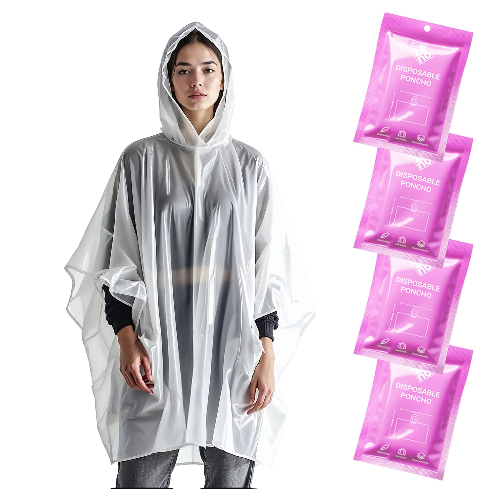 Zeno Women's Pink Rain Poncho Waterproof Adult - Festival Poncho - Waterproof, Disposable, Clear With Hood - Emergency Rain Coat For Hiking, Cycling, Camping, Concert - Pack Of 4 - Mist Edition