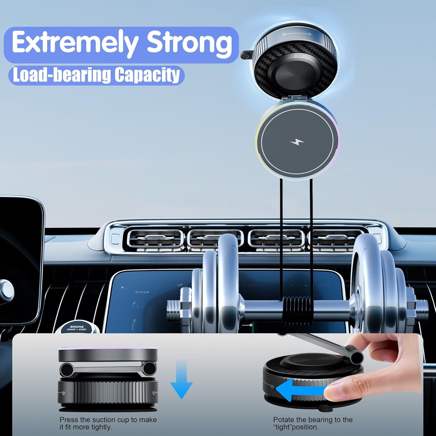 Magnetic Phone Holder for Car Wireless Charging, 15W Fast Wireless Car Charger with Vacuum Suction, 360° Adjustable Magnetic Mount for Dashboard & Windshield, Hands-Free for MagSafe iPhone & Android