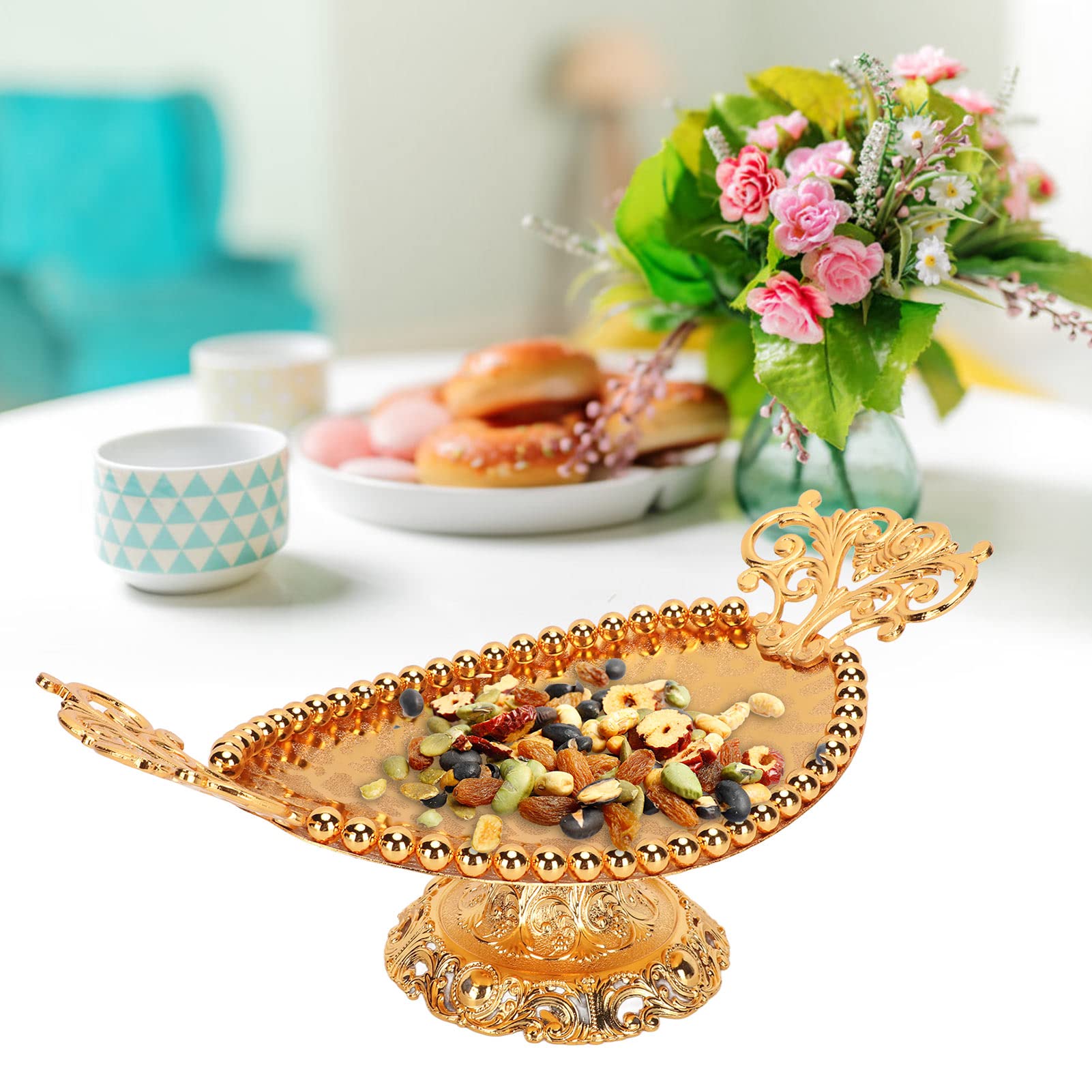 Gold Fruit Bowl, Footed Fruit Bowl for Kitchen Counter Fruit Trays for Serving for Party Decorative Plate for Temples Sacrifices Home Decoration