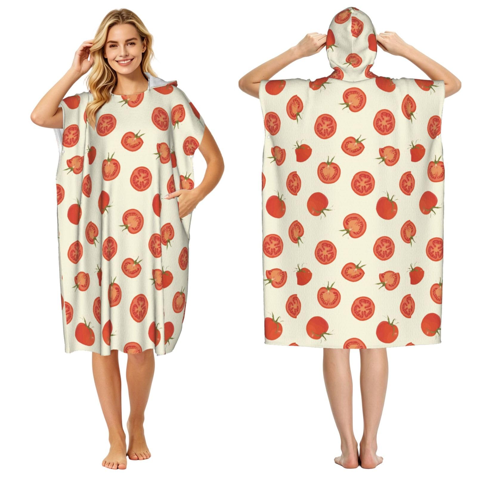 Poadnly Tomato Fruit Lover, Adult Hooded Beach Towel 90 x 110 cm,Changing Bath Robe, Surf Poncho Towel For Women Men